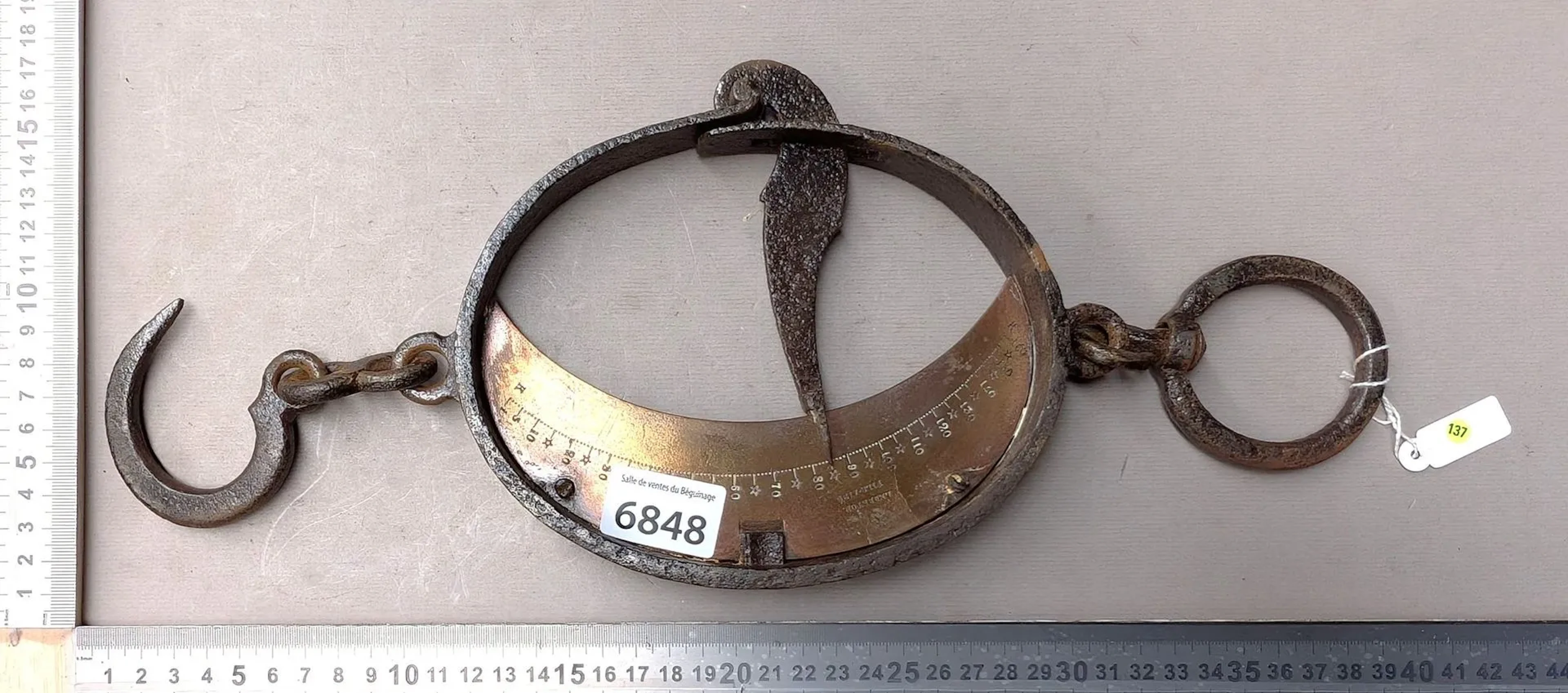 1 antique steel and brass hook scale—see photos for dimensions and condition