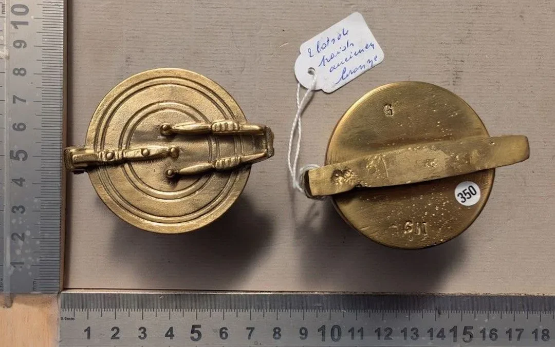 Set of 2 antique bronze pillars—see photos for dimensions and condition