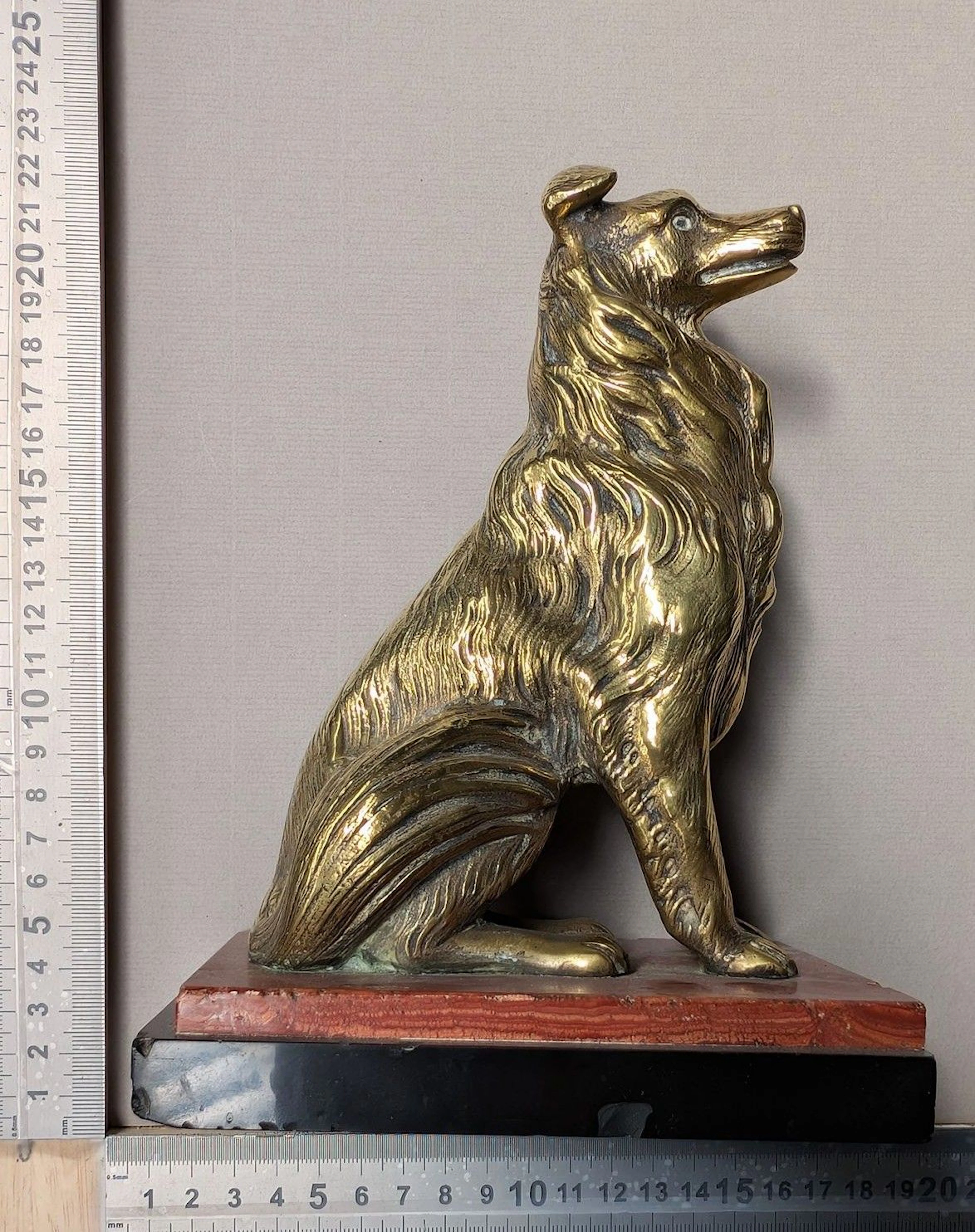 Bronze dog on a marble pedestal—see photos for dimensions and condition