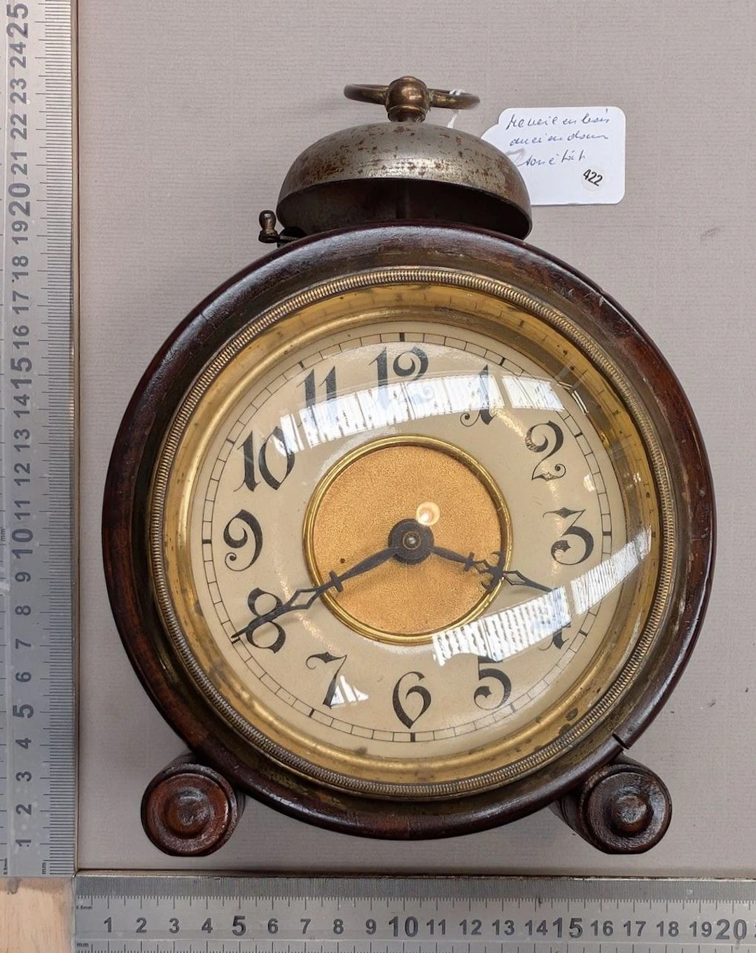 Vintage wooden alarm clock in its original condition—see photos for