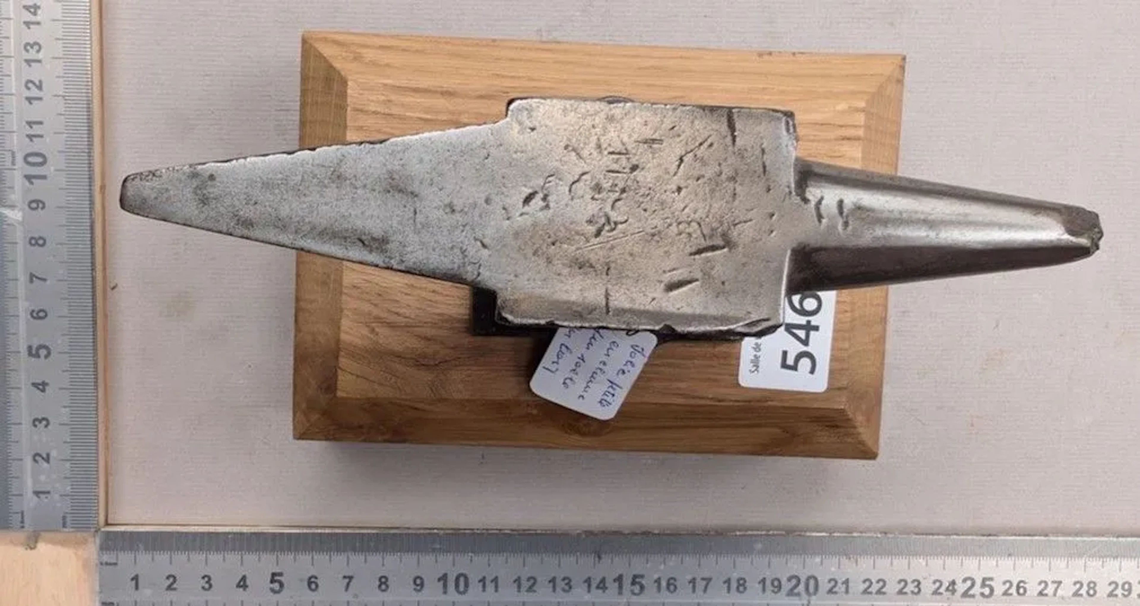 Cute little anvil on a wooden base—see photos for dimensions and condition