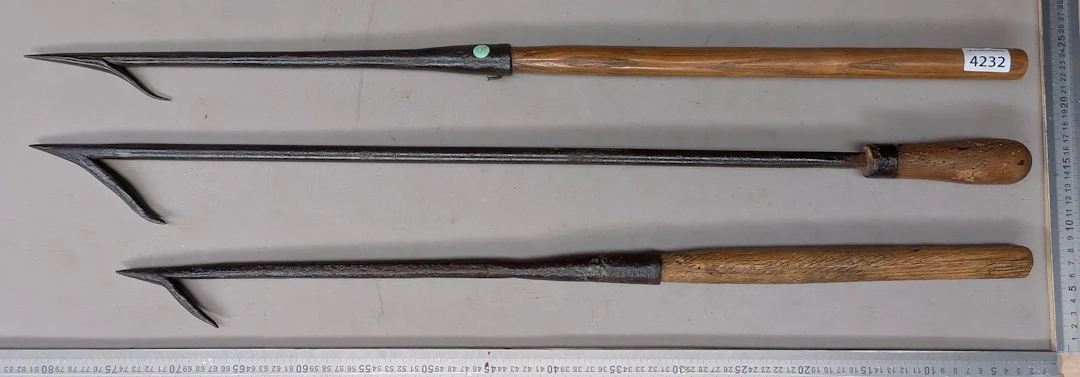 3 wrought-iron hay rakes—see photos for dimensions and condition