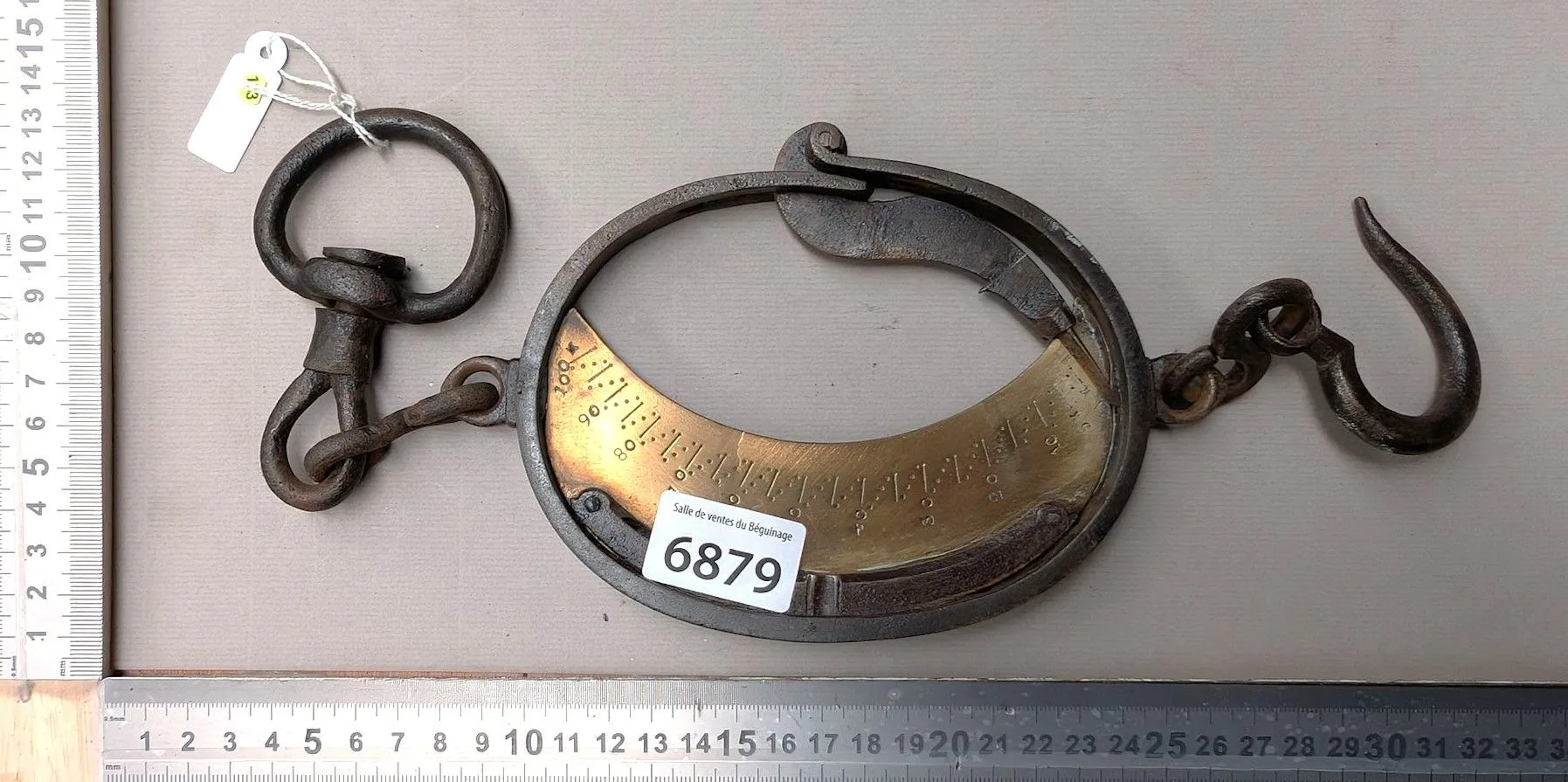1 antique steel and brass hook scale—see photos for dimensions and condition