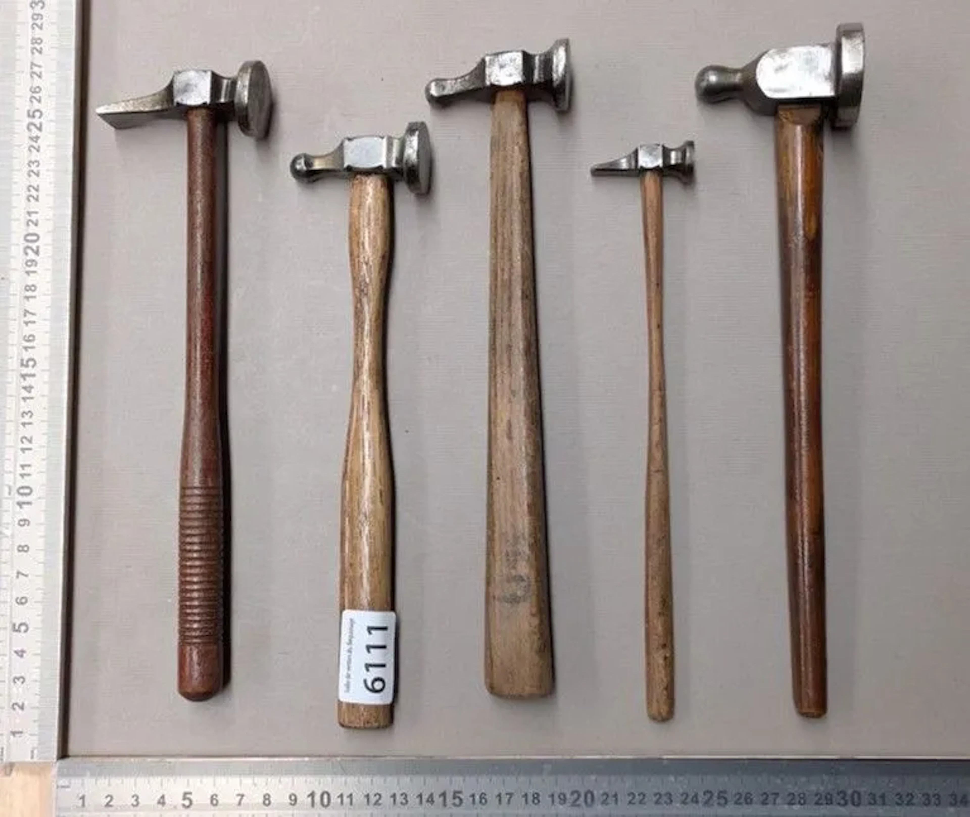 5 copper smith's hammers—see photos for dimensions and condition
