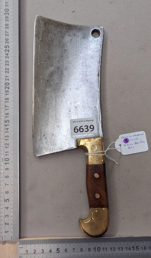 Antique brass-steel cleaver with wooden handle—see photos for dimensions