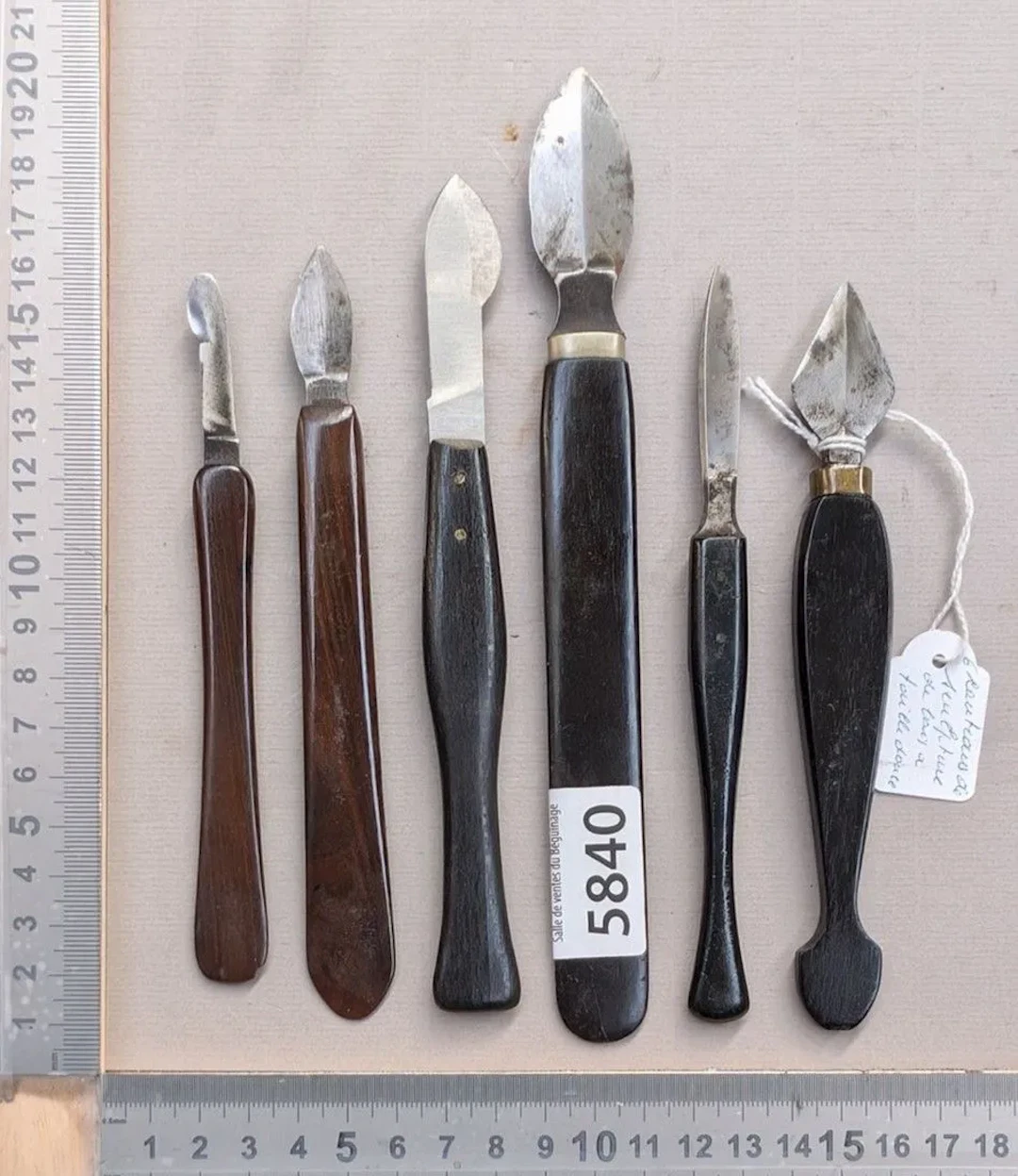 6 Woodcarving knives, ebony handles—see photos for dimensions and condition