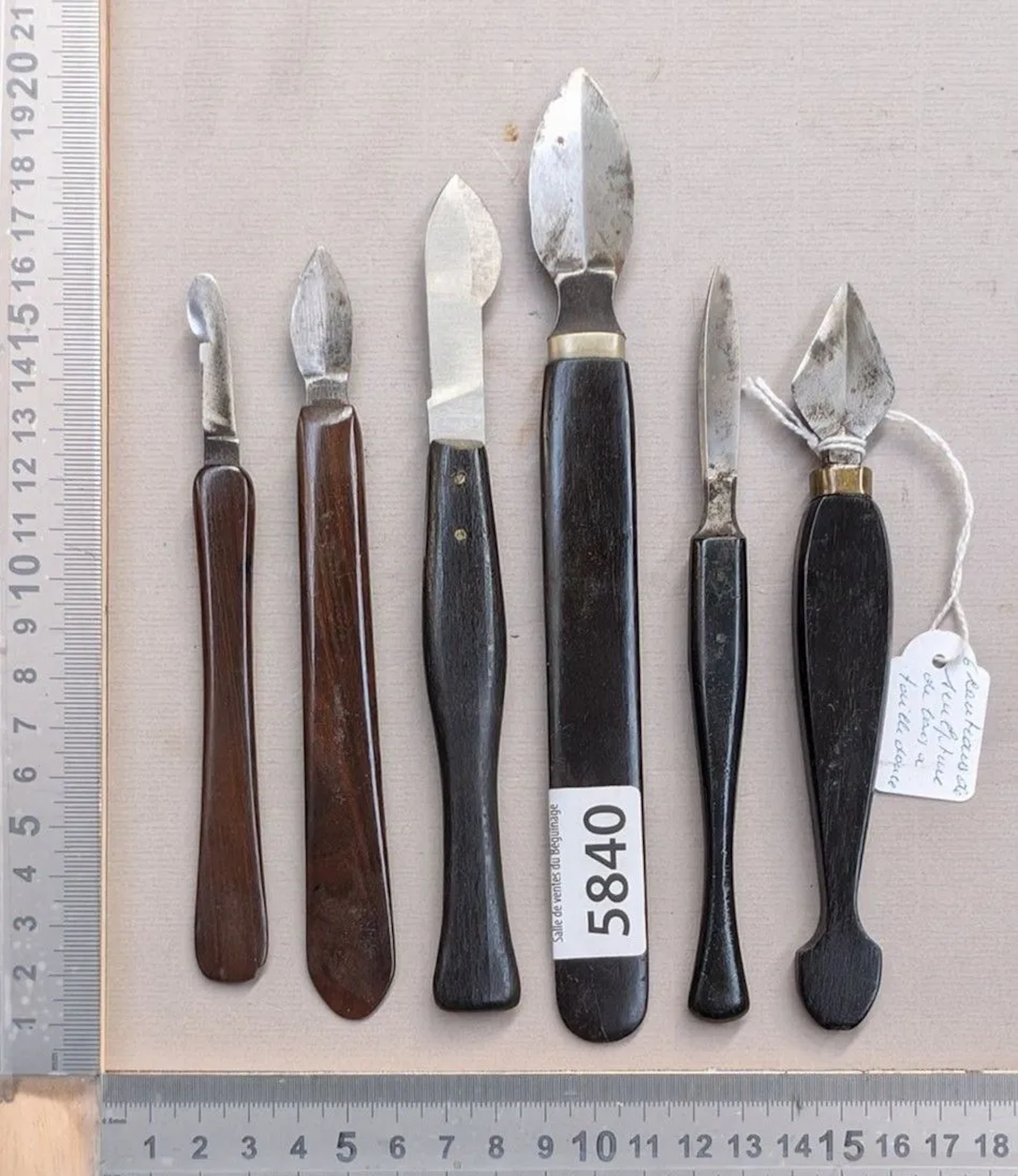 6 Woodcarving knives, ebony handles—see photos for dimensions and condition
