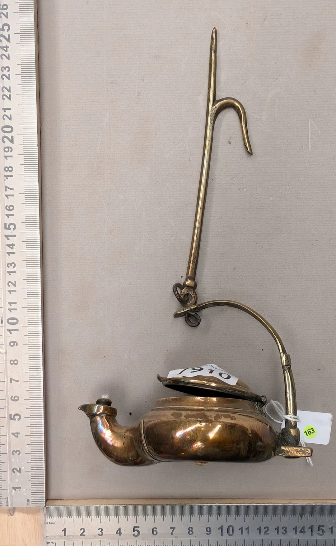 Antique small bronze oil lamp—see photos for dimensions and condition