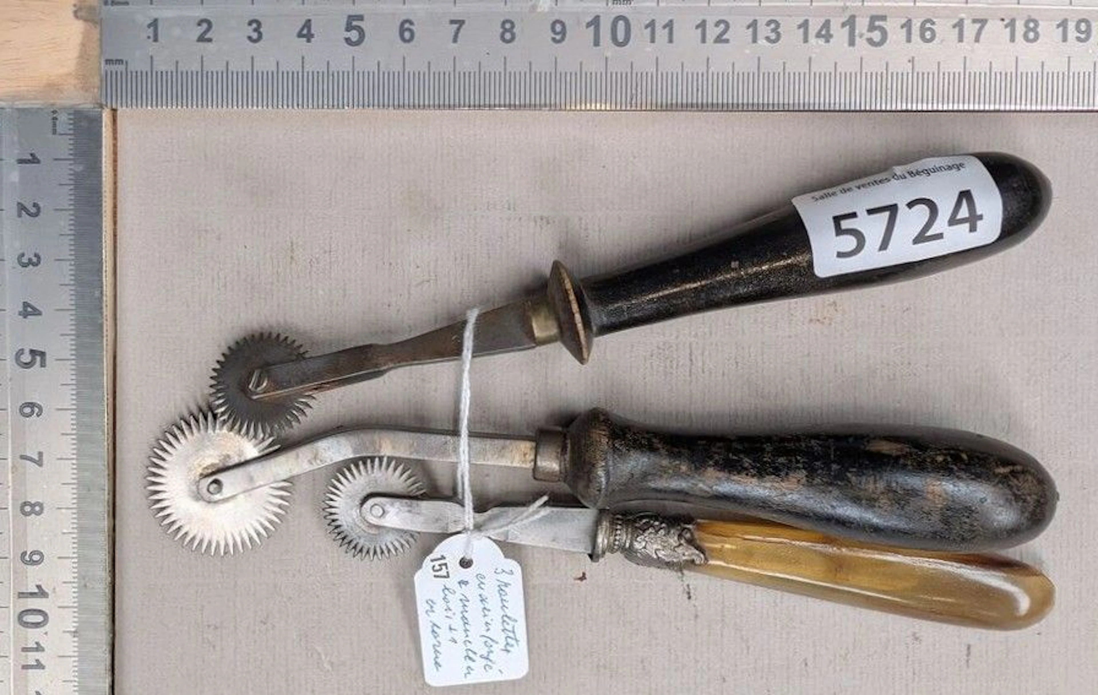 3 cast steel casters with a wooden and horn handle—see photos for