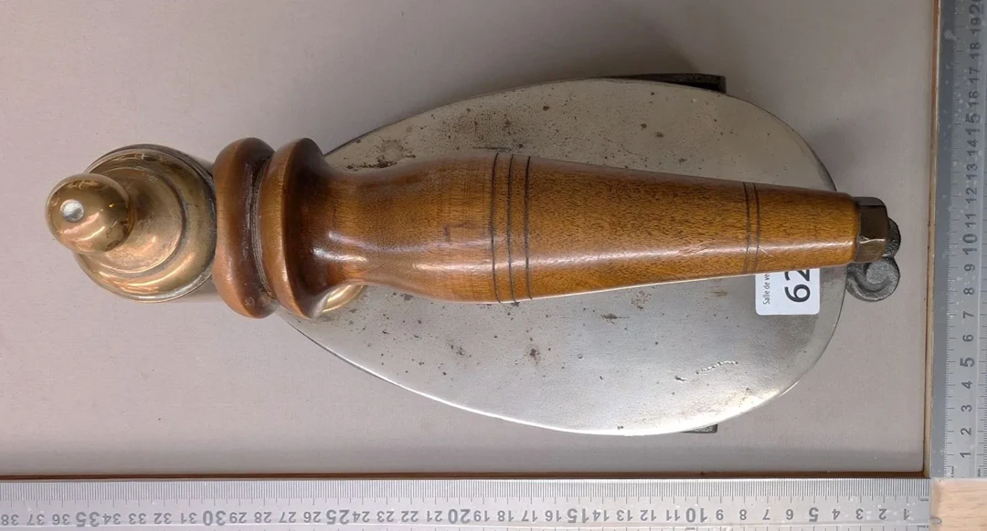 Vintage iron with stand—see photos for dimensions and condition