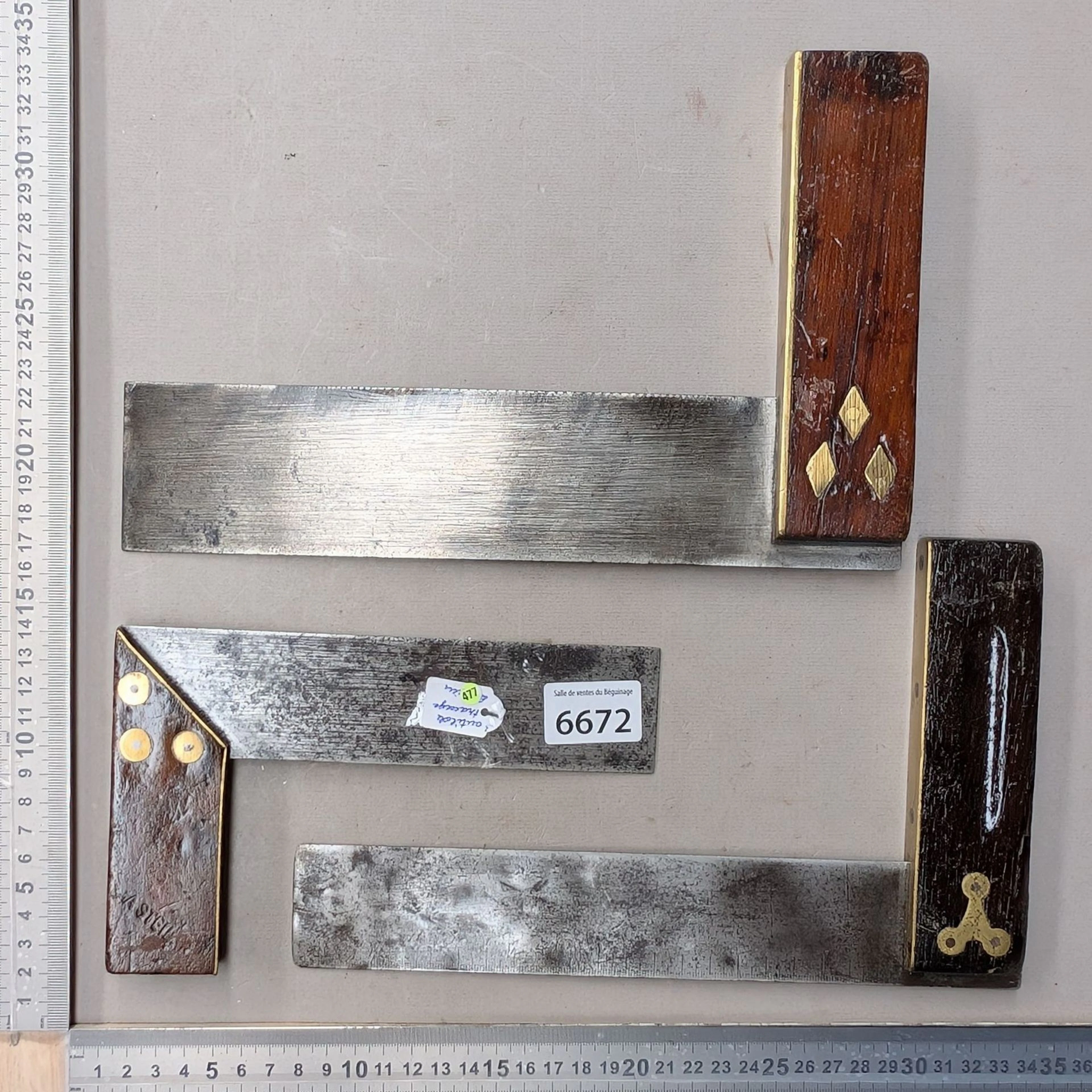 3 vintage wooden brass set squares—see photos for dimensions and condition
