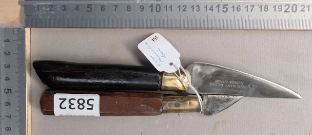 2 SOLINGEN cobbler's knives, with wooden and ebony handles—see photos