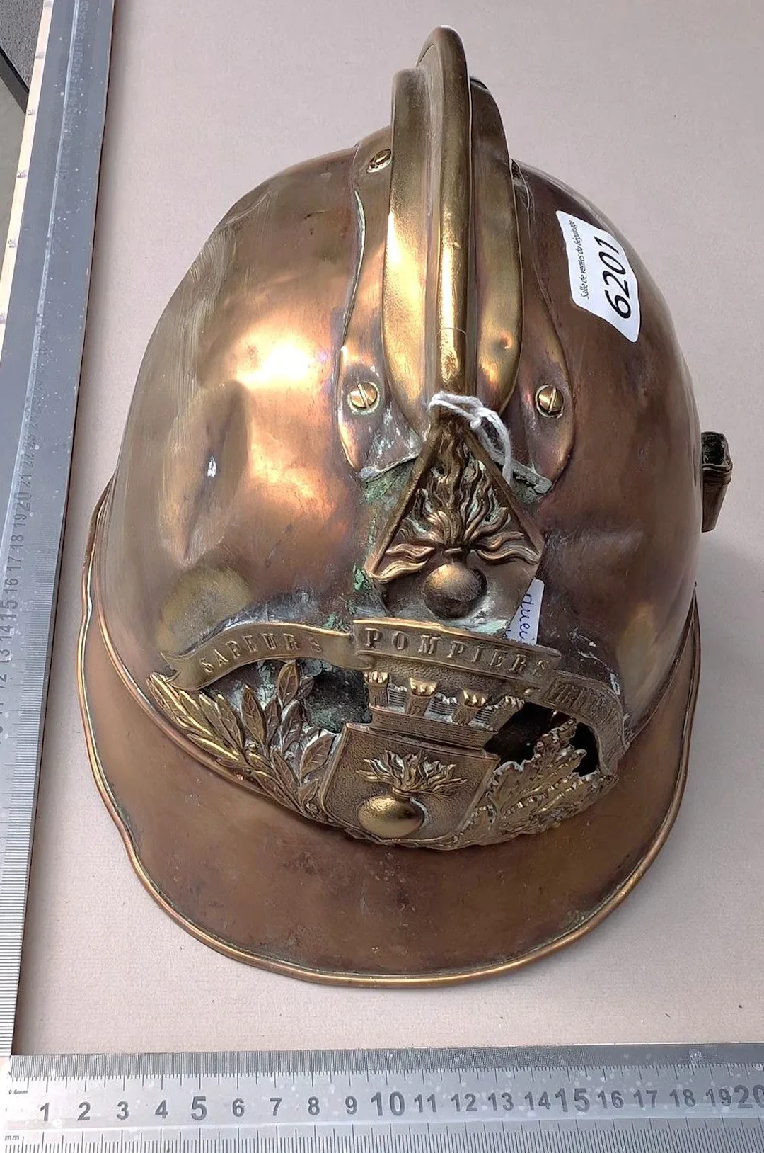 Antique copper firefighter's helmet—see photos for dimensions and condition