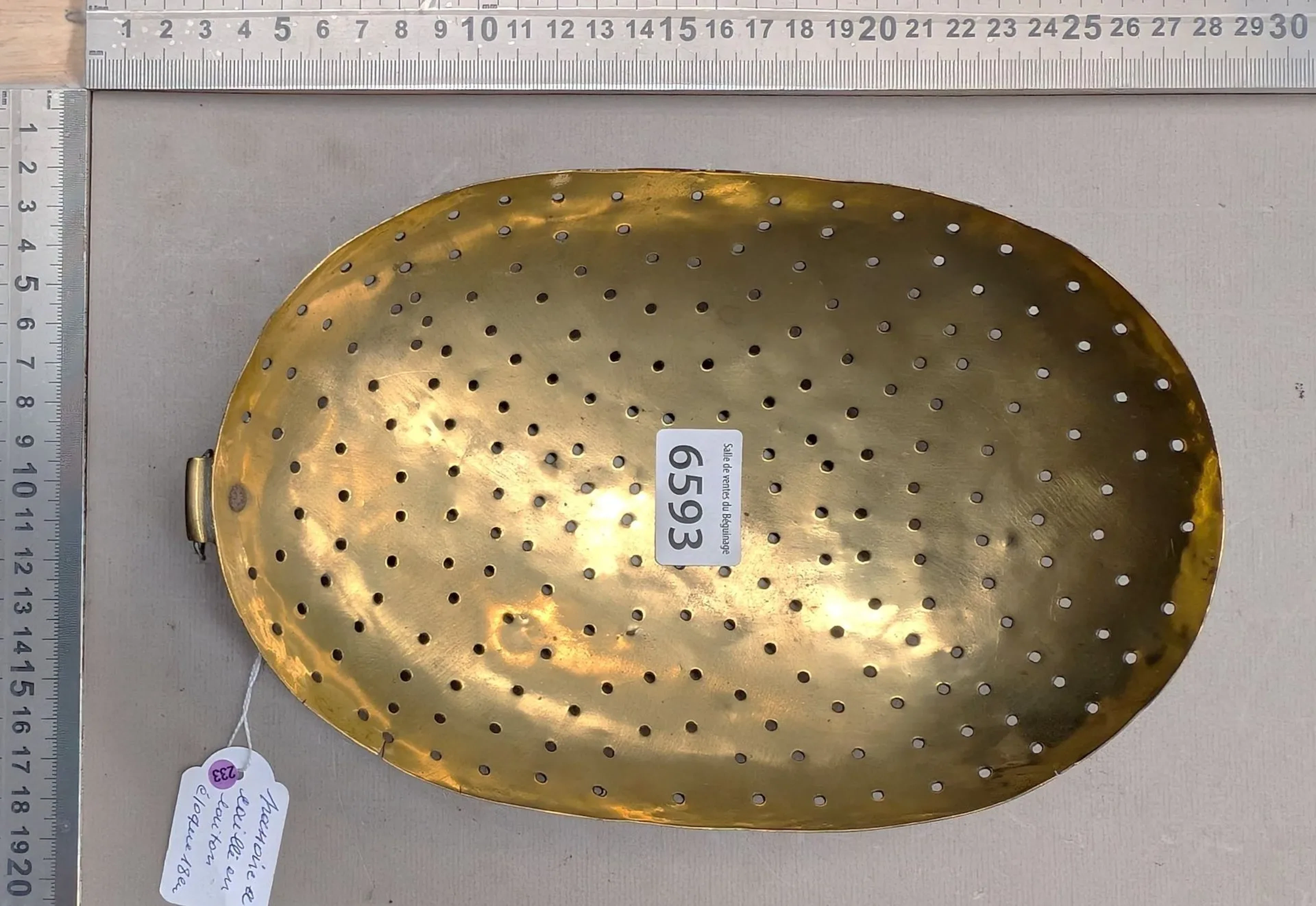 1 18th-century brass milk-curdling strainer—see photos for dimensions