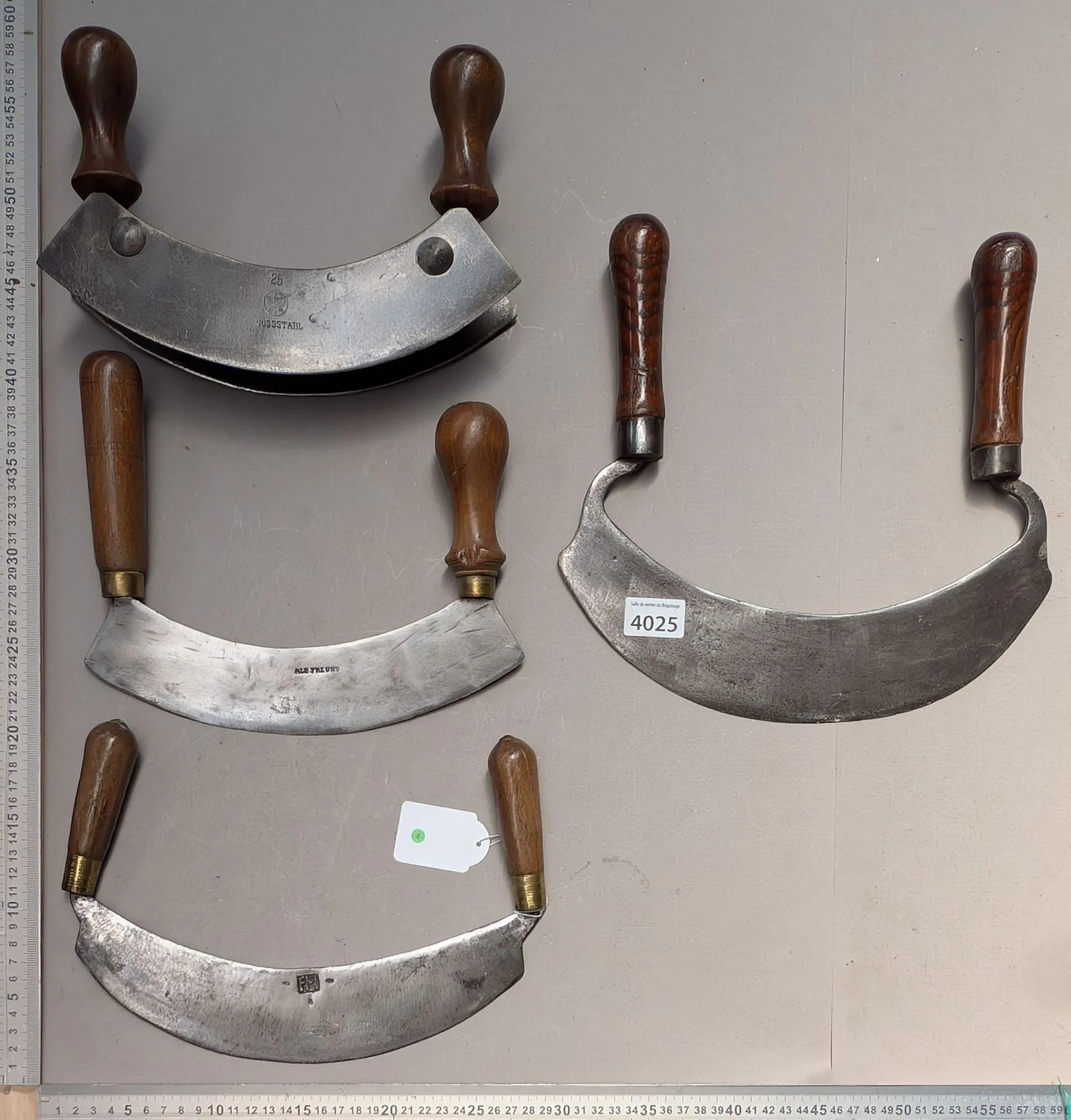 4 antique wrought-iron kitchen meat grinders—see photos for dimensions