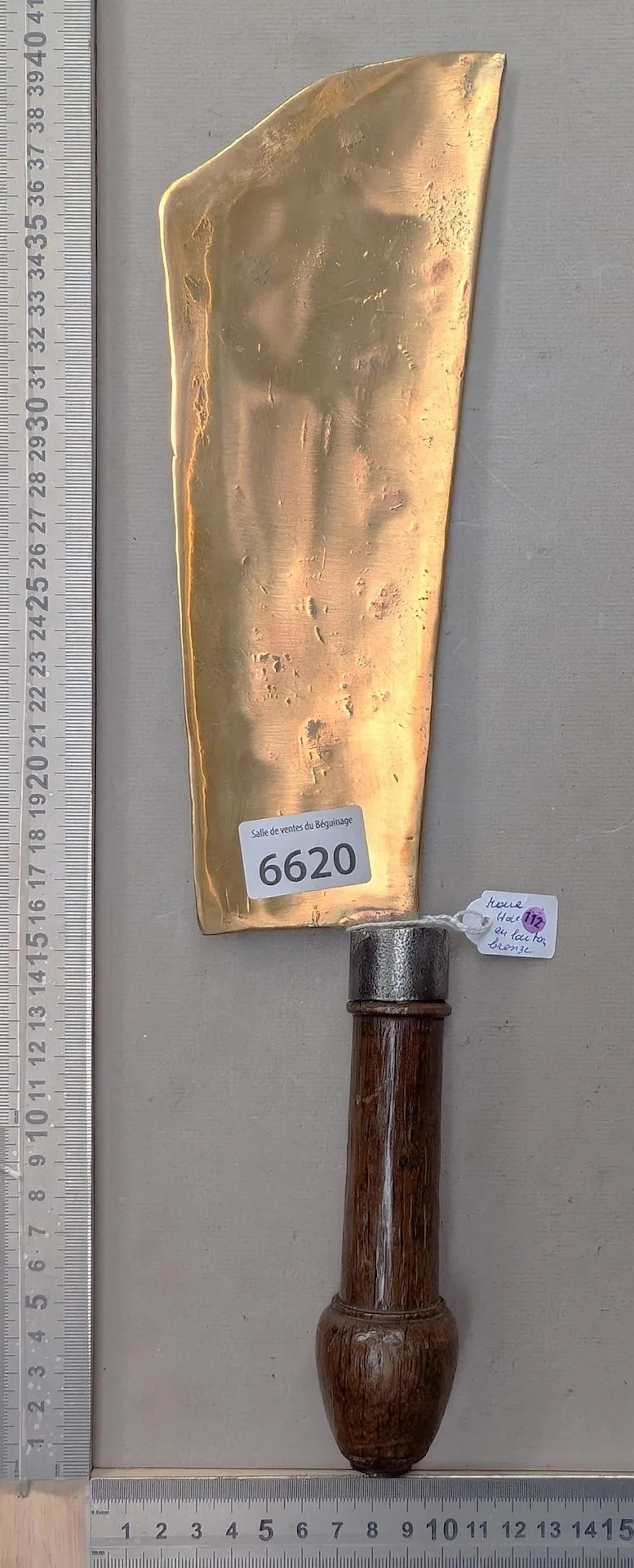 Antique brass-bronze cleaver with wooden handle—see photos for dimensions