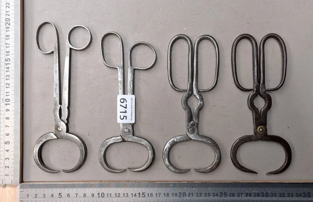 4 antique 19th-century sugar-breaking tongs—see photos for dimensions