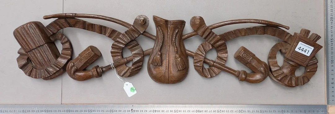 Decorative carved wooden panel—see photos for dimensions and condition