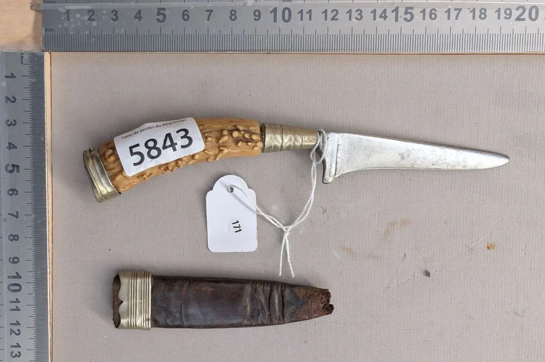 Antique forged hunting knife with a horn handle—see photos for dimensions