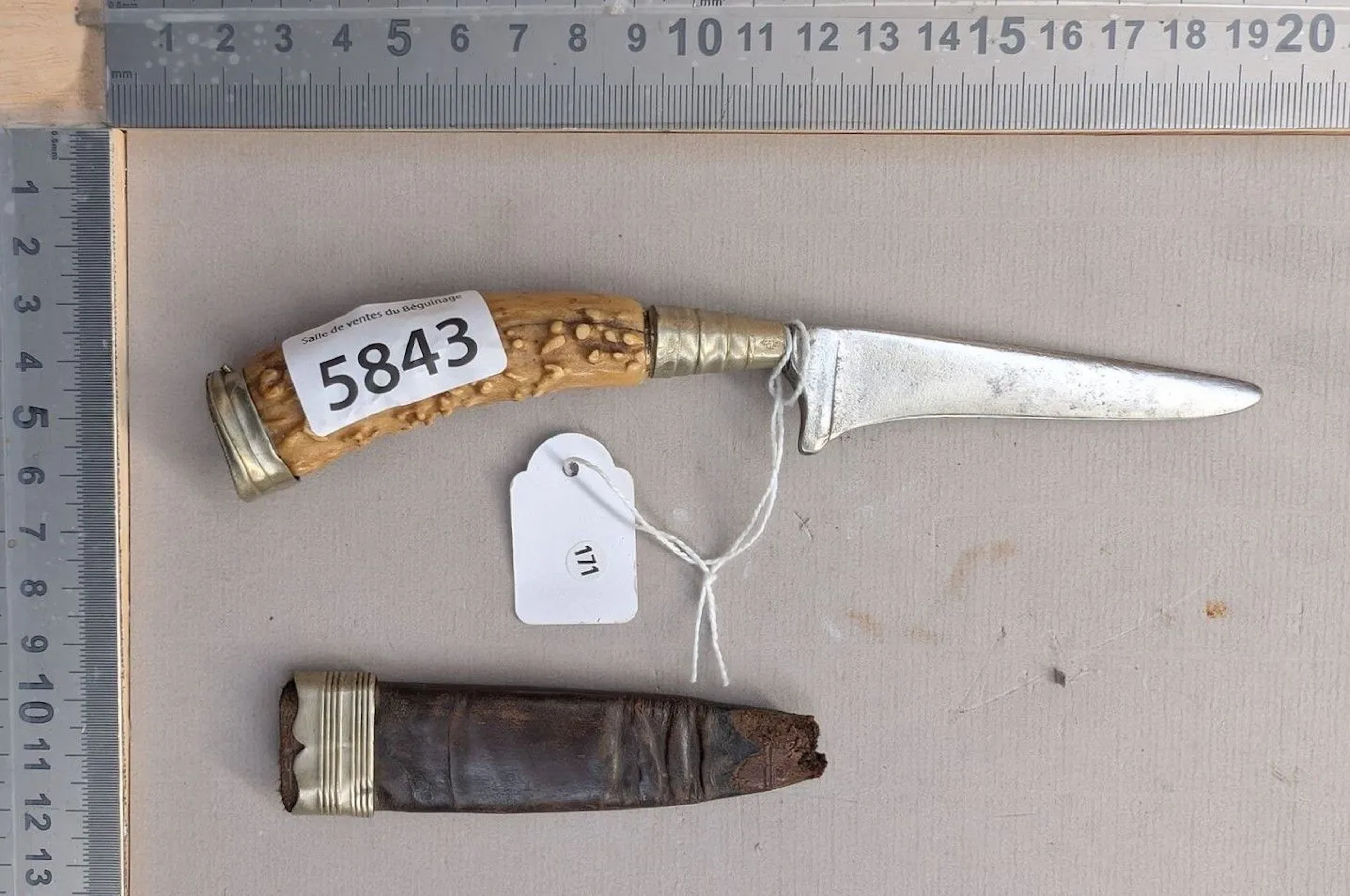 Antique forged hunting knife with a horn handle—see photos for dimensions