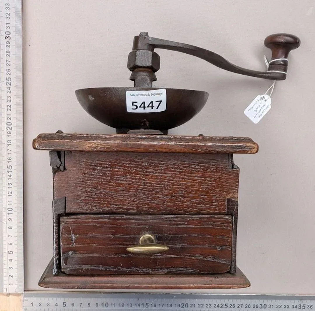 Antique 18th-century coffee grinder—see photos for dimensions and condition