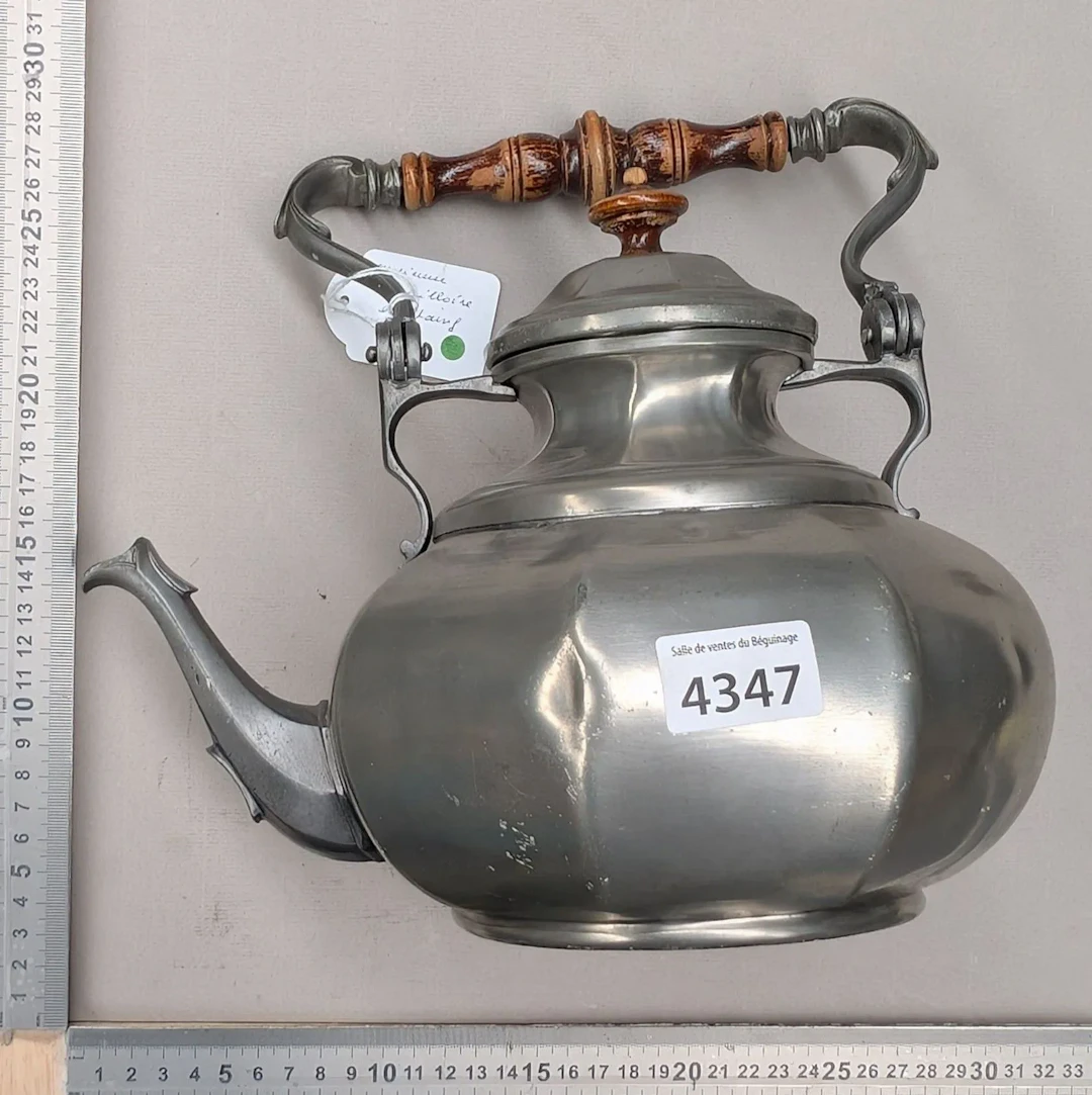 Antique pewter kettle—see photos for dimensions and condition