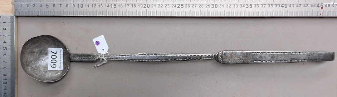 1 antique 18th-century wrought-iron ladle—see photos for dimensions