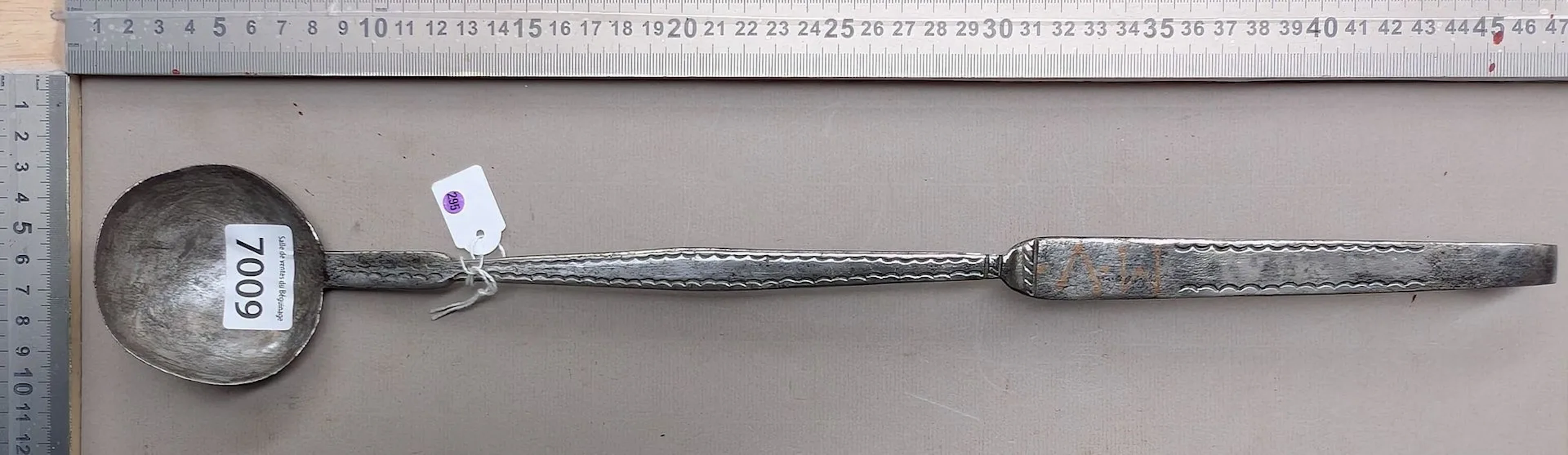 1 antique 18th-century wrought-iron ladle—see photos for dimensions