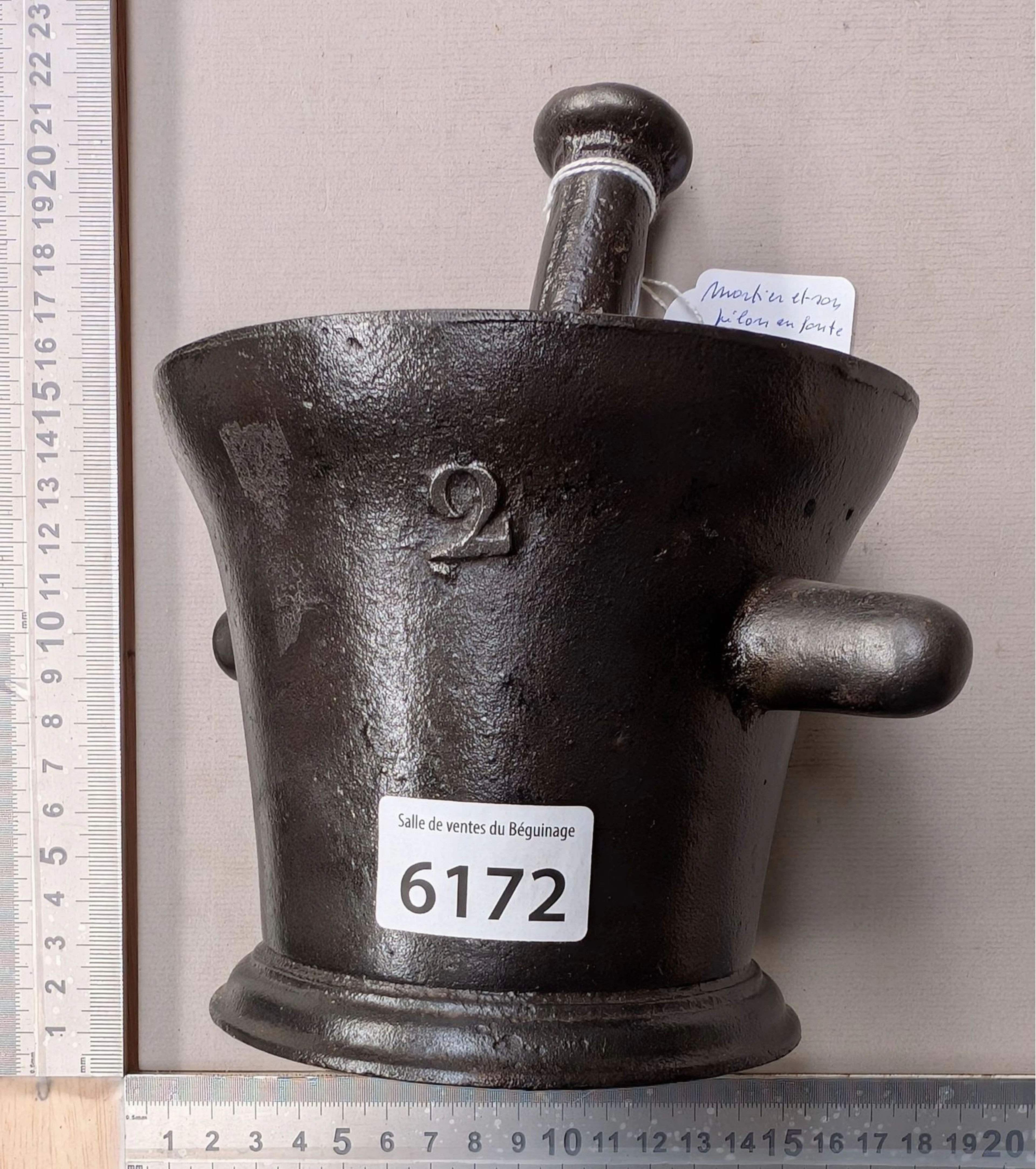 Cast-iron mortar and pestle—see photos for dimensions and condition