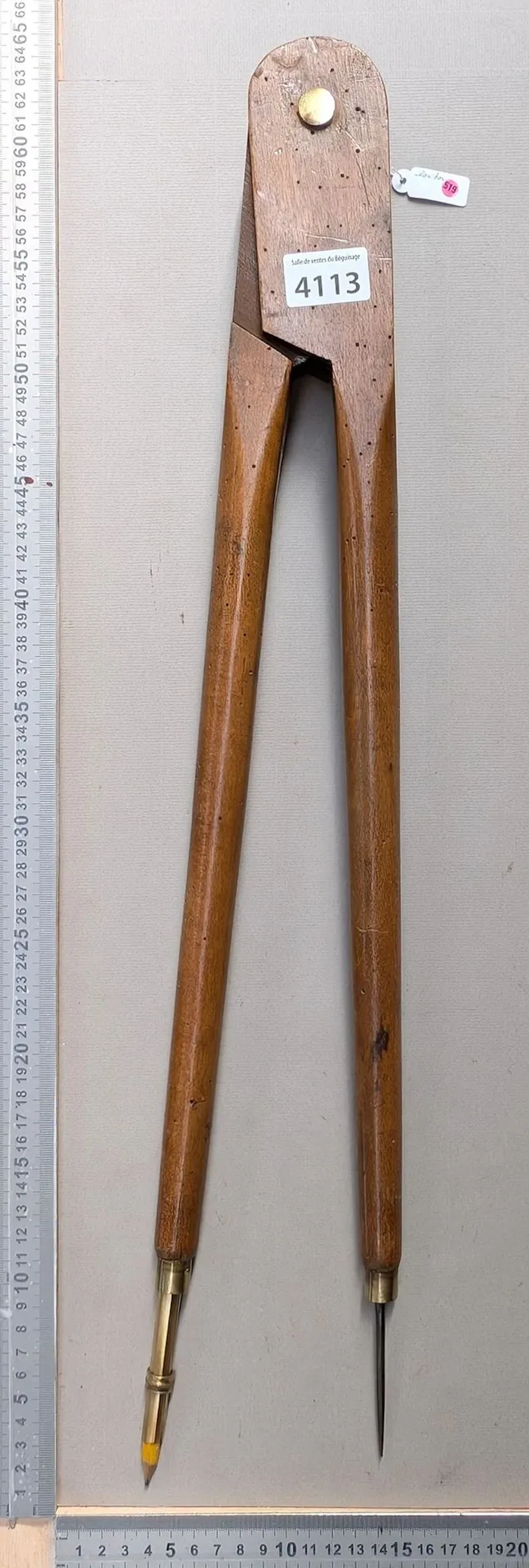 1 antique compass made of wood, steel, and brass—see photos for dimensions