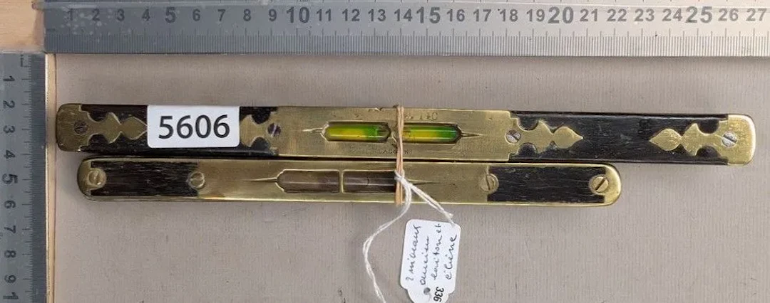 2 antique brass and ebony tiers—see photos for dimensions and condition
