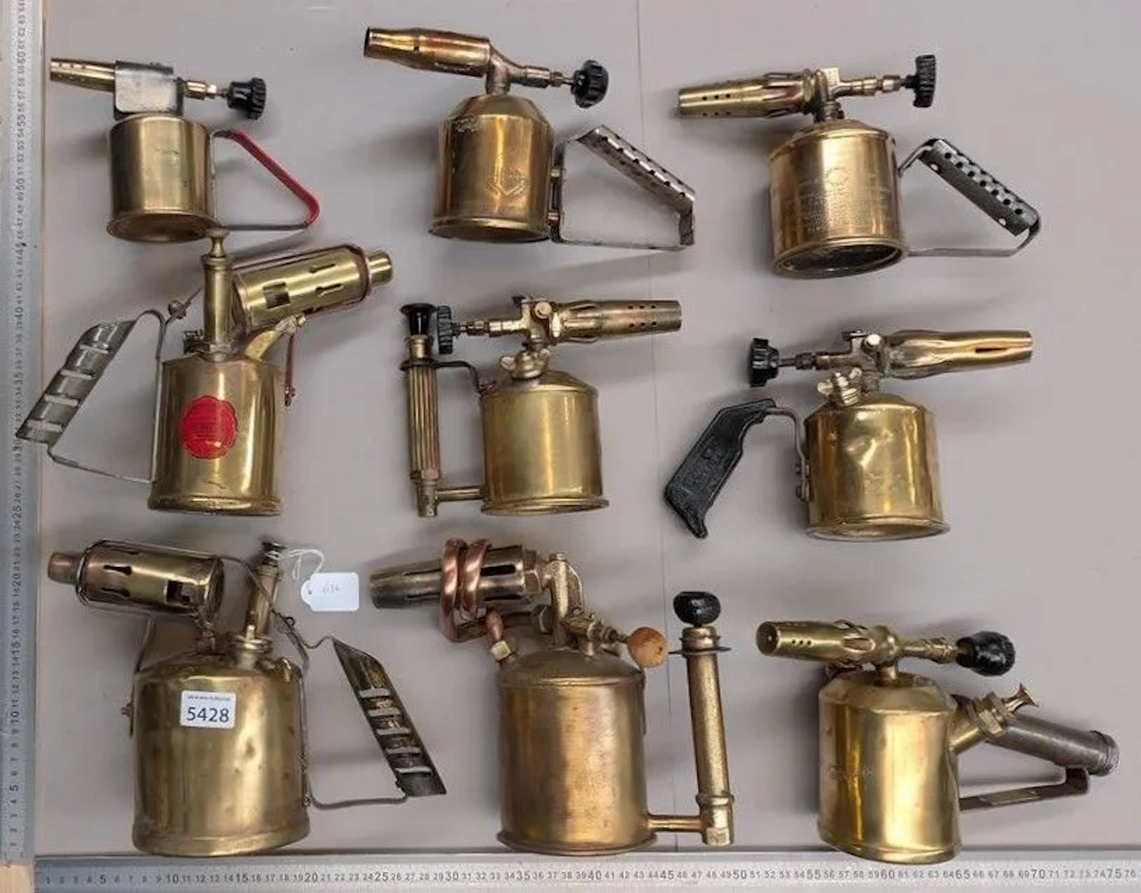 9 soldering lamps or blowtorches—see stamp—Dimensions and condition: see photos
