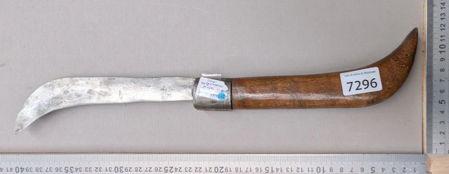 1 antique large pruning knife with a flat blade and wooden handle—see