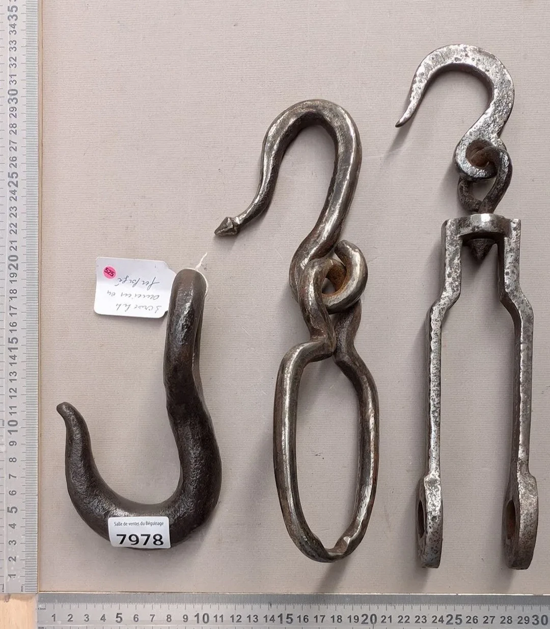 3 very old wrought-iron hooks—see photos for dimensions and condition