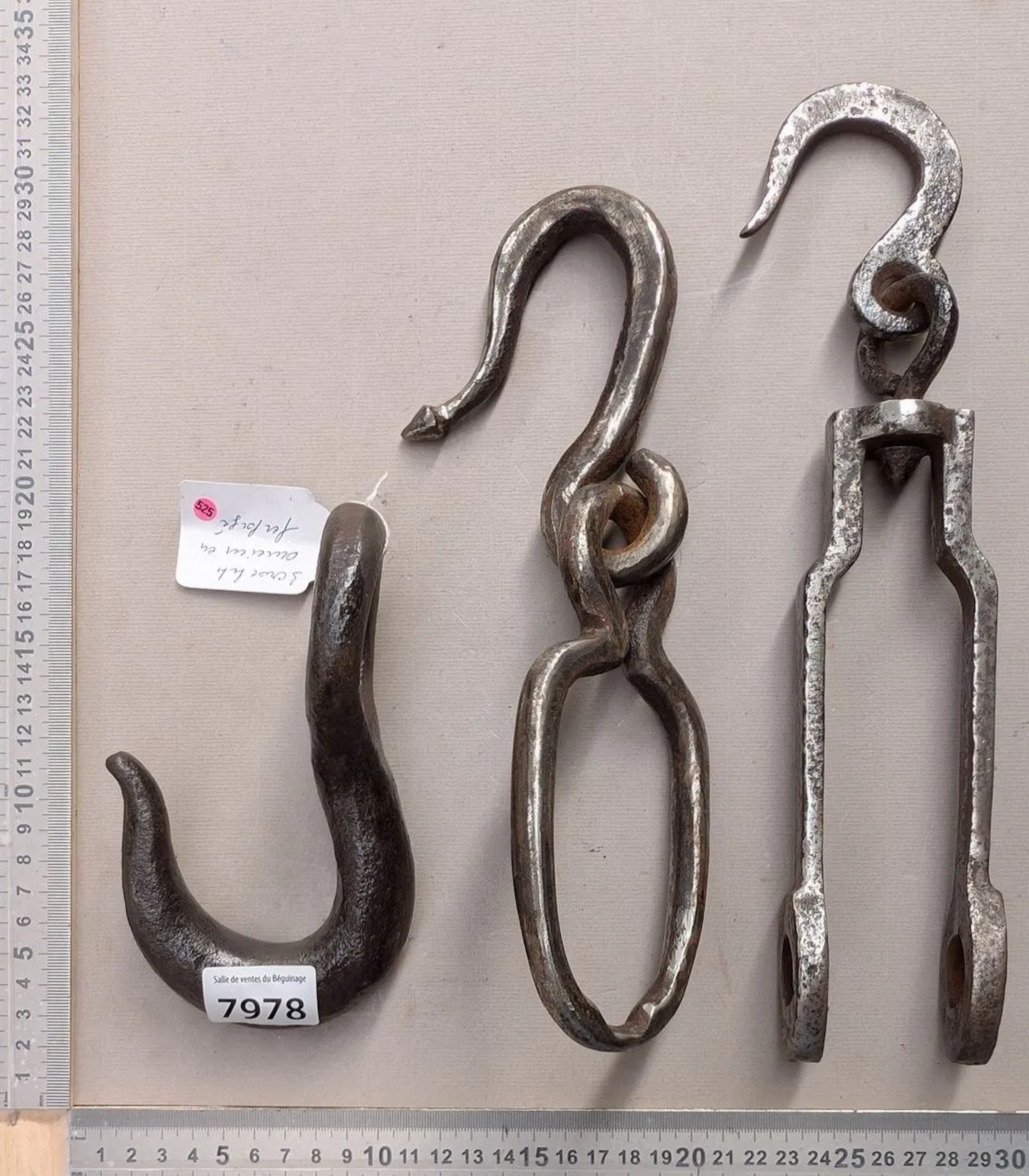 3 very old wrought-iron hooks—see photos for dimensions and condition