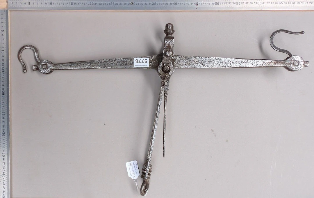 Antique 18th-century wrought-iron scale—see photos for dimensions and condition