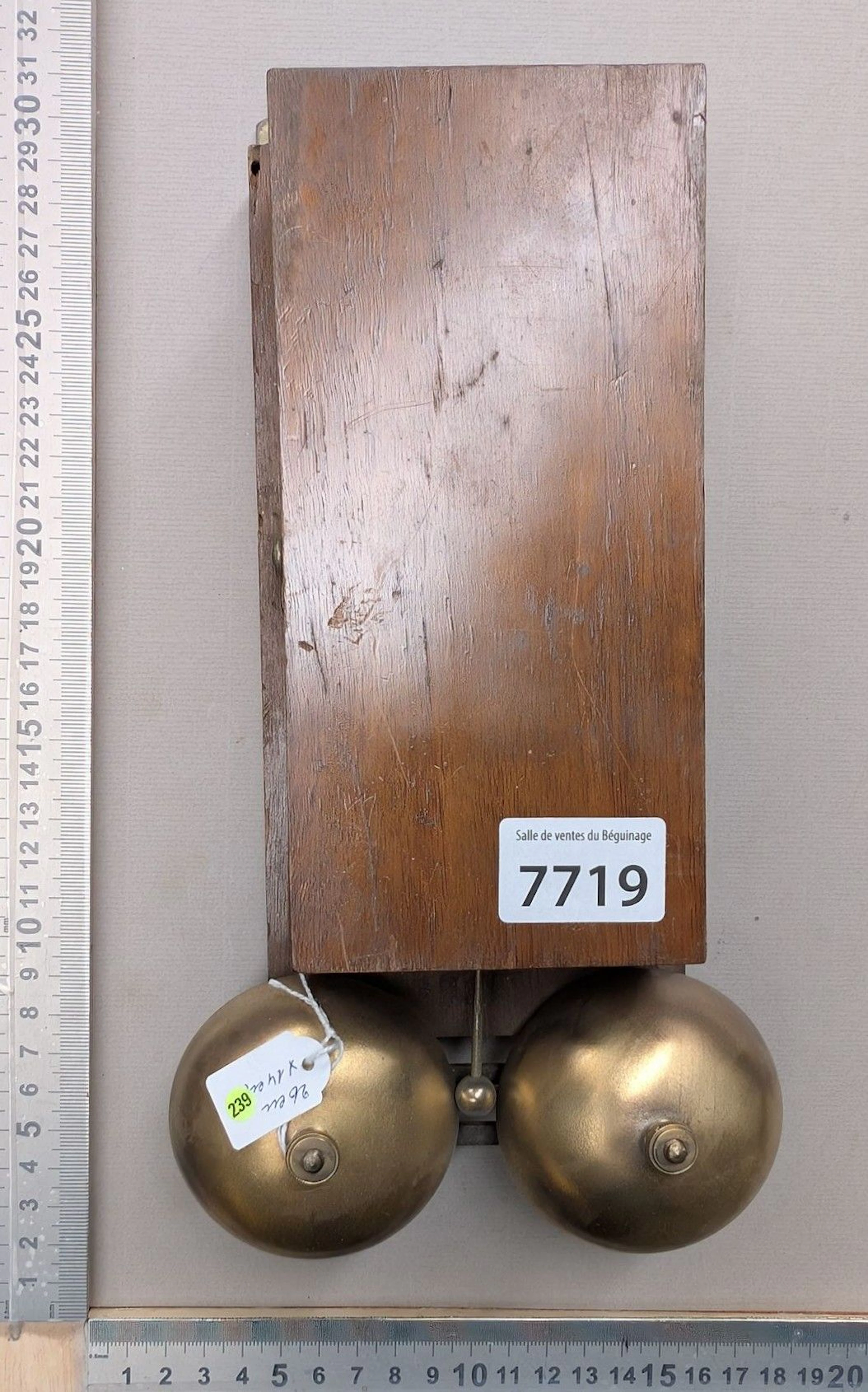 Antique bronze store bells and their case—see photos for dimensions