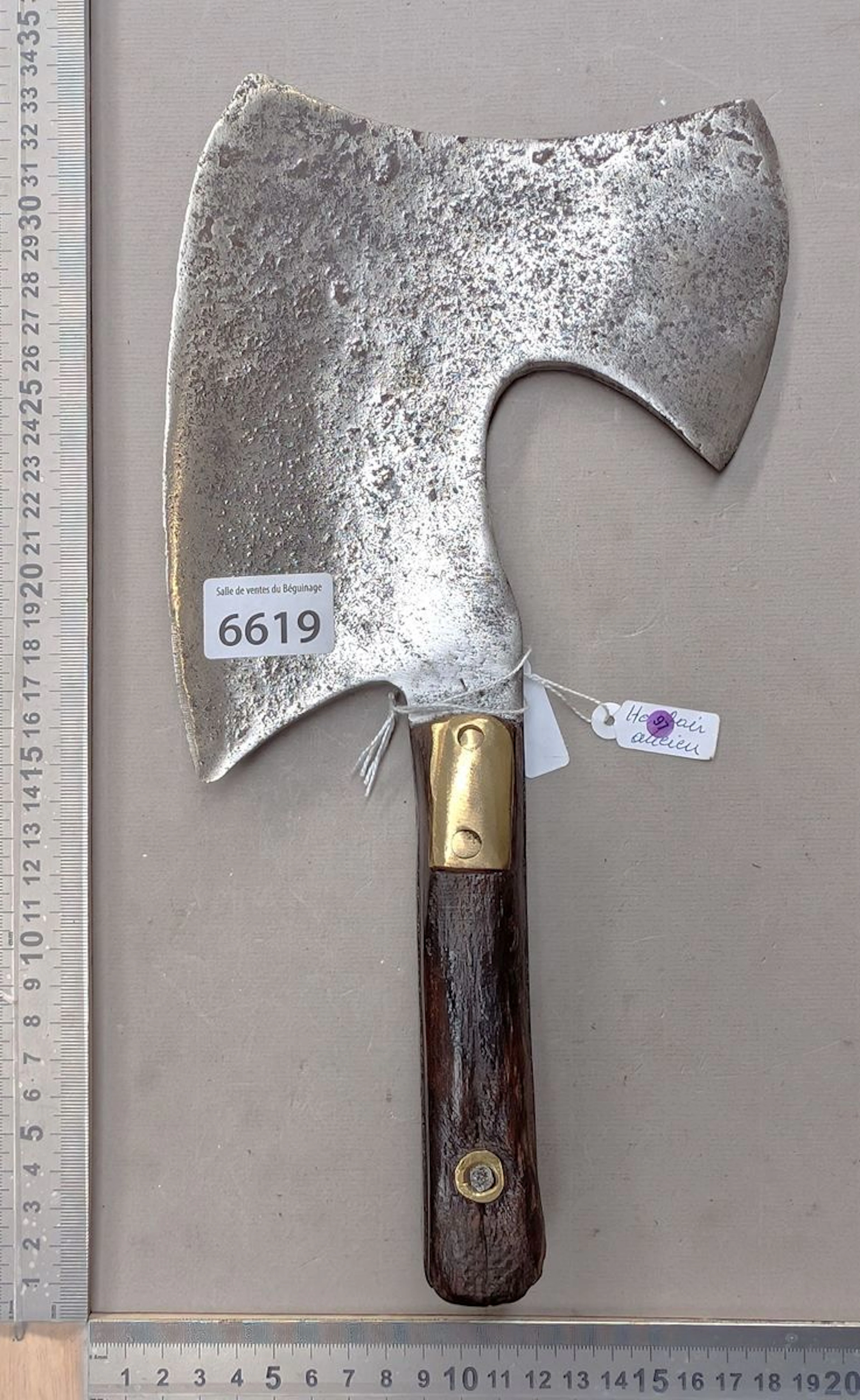 Antique brass-steel cleaver with wooden handle—see photos for dimensions