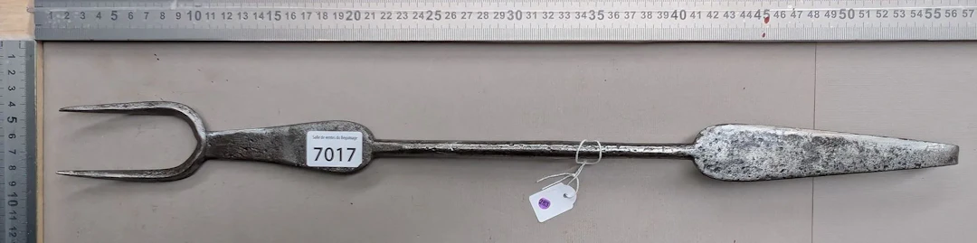 1 antique 18th-century wrought-iron hearth fork, 2 tines—see photos