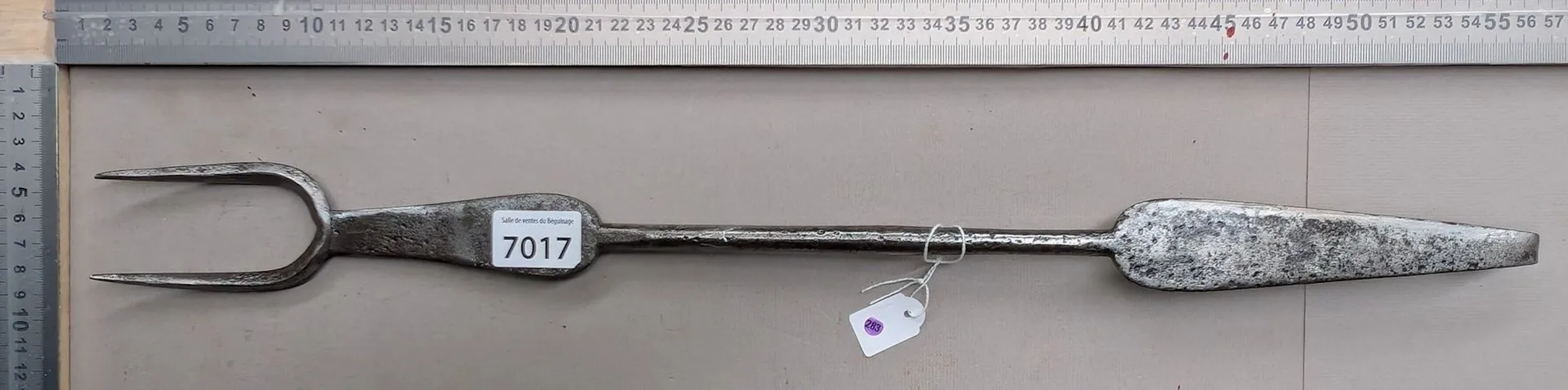 1 antique 18th-century wrought-iron hearth fork, 2 tines—see photos