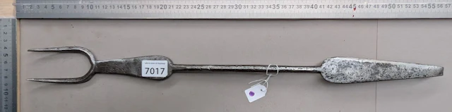 1 antique 18th-century wrought-iron hearth fork, 2 tines—see photos