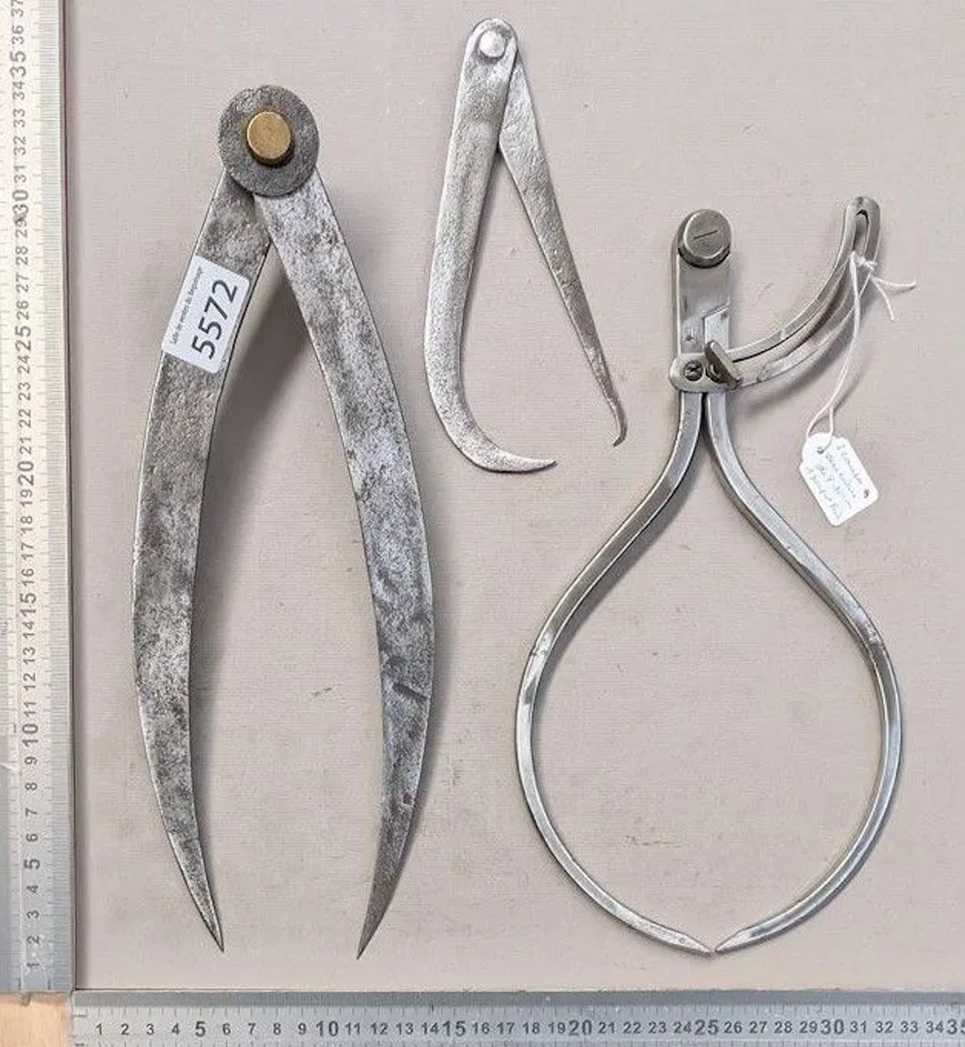 Three antique compasses with hallmarks—see photos for dimensions and condition