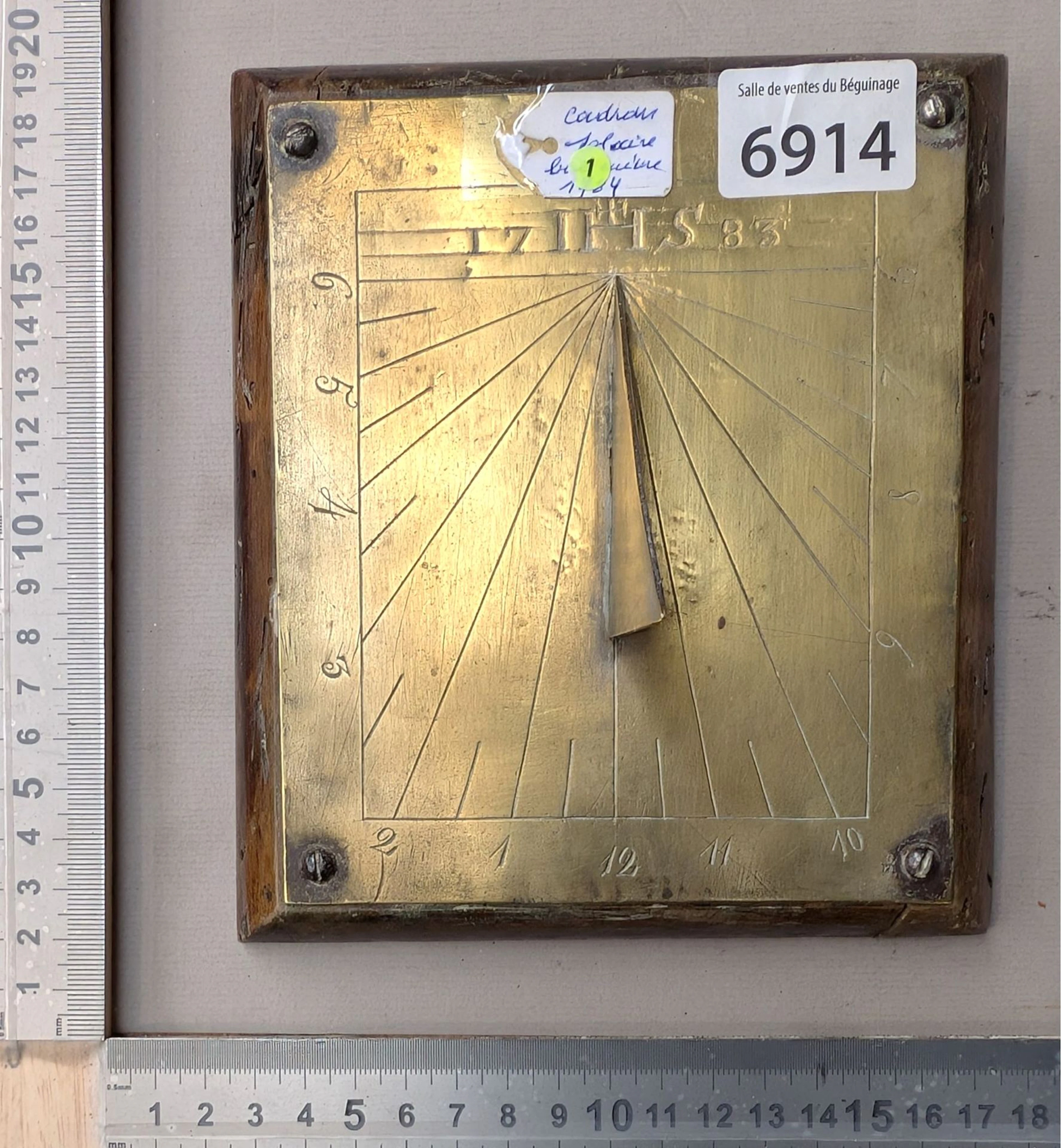 Hand-carved wooden sundial, 1783 — IHS - See photos for dimensions