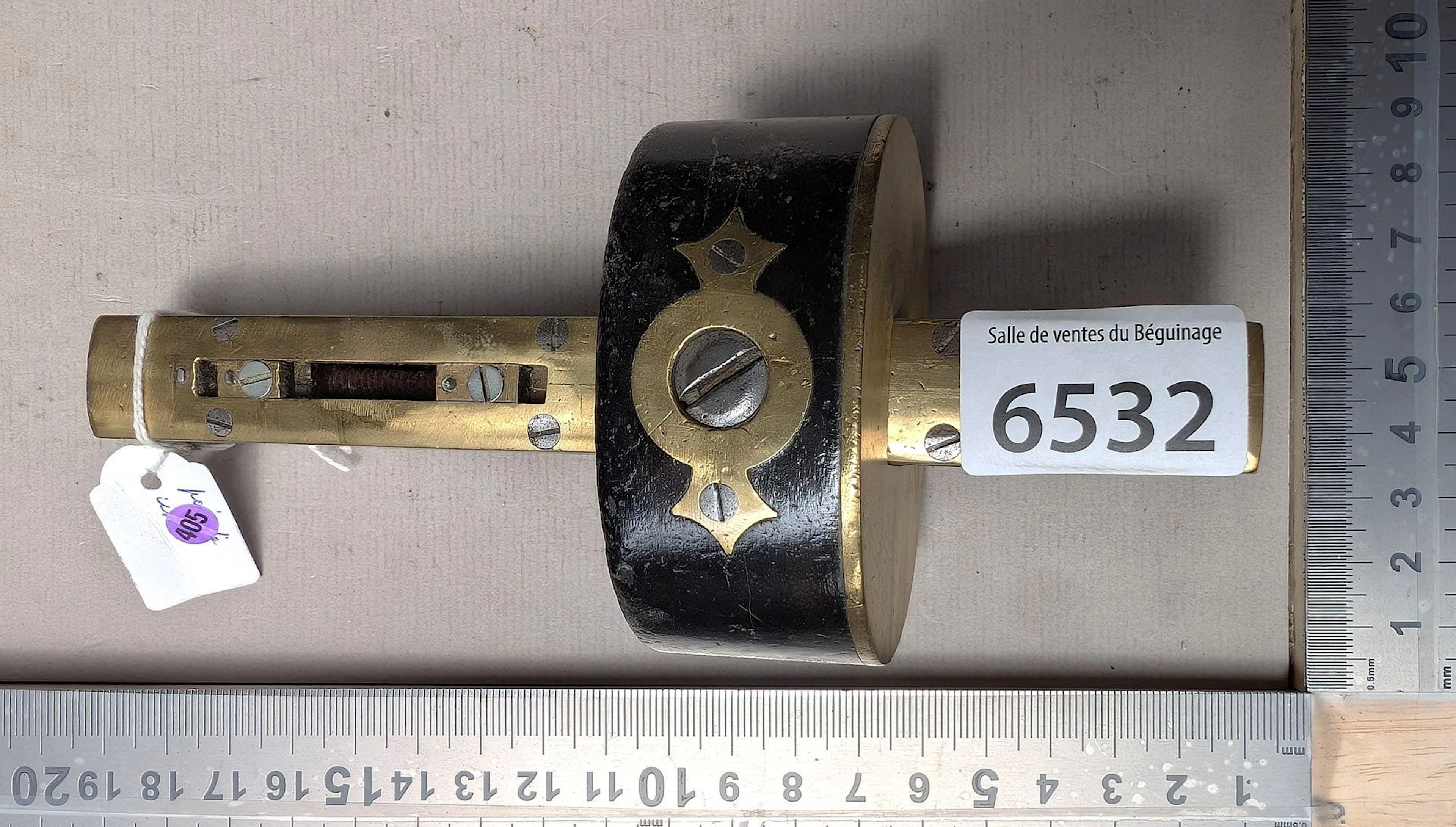 1 antique marine marking gauge made of copper and ebony, with a worn