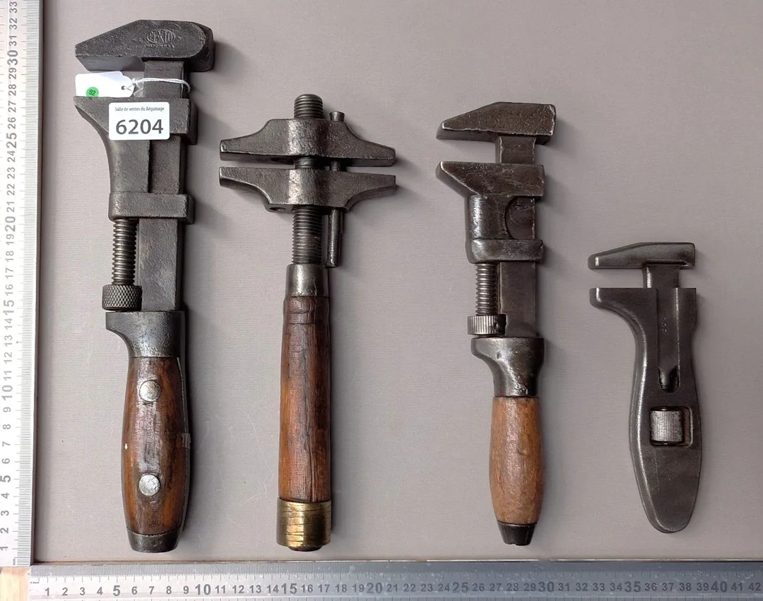 4 vintage adjustable wrenches—see photos for dimensions and condition