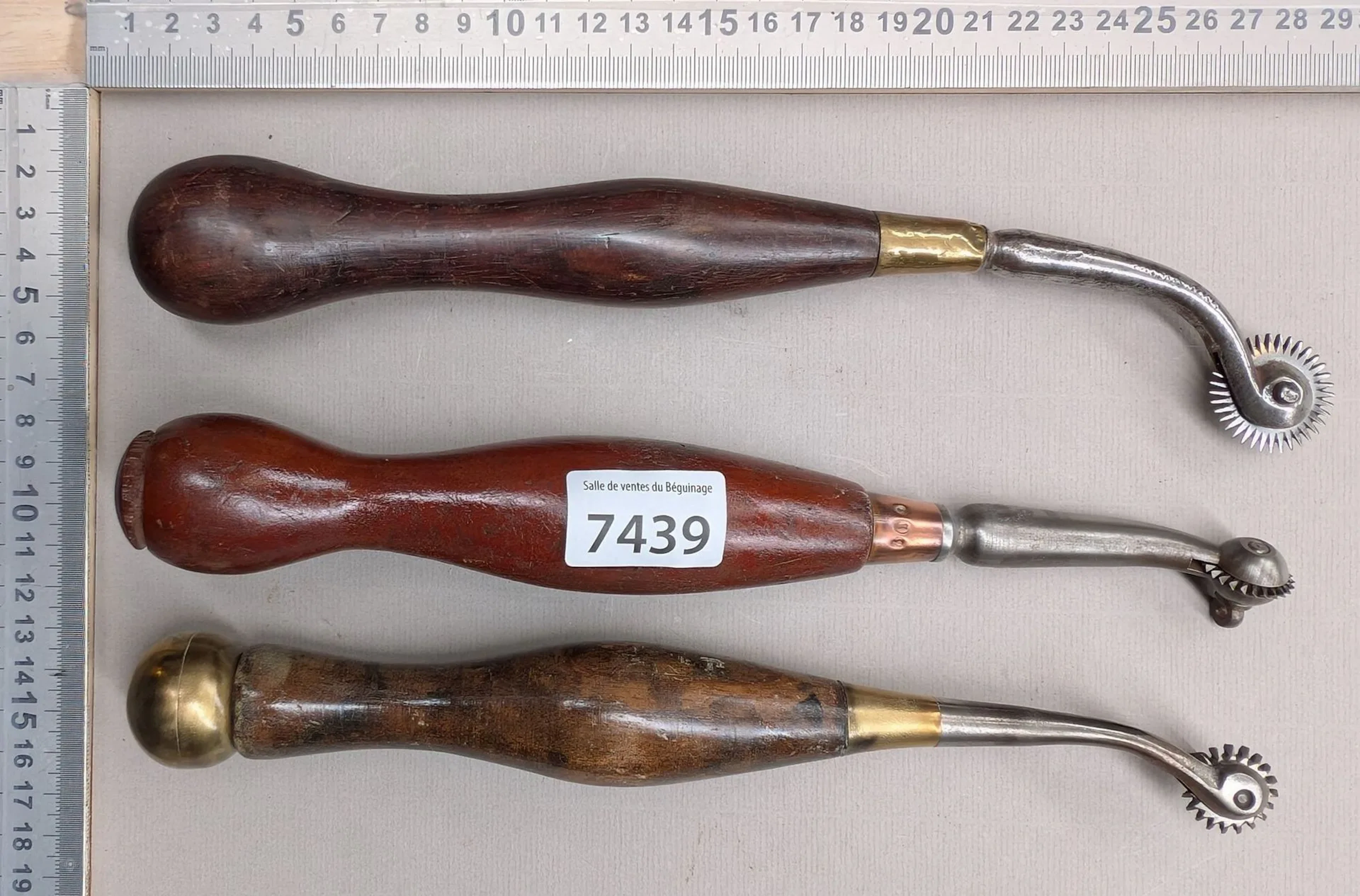 3 antique shoemaker's and saddler's wheels—see photos for dimensions