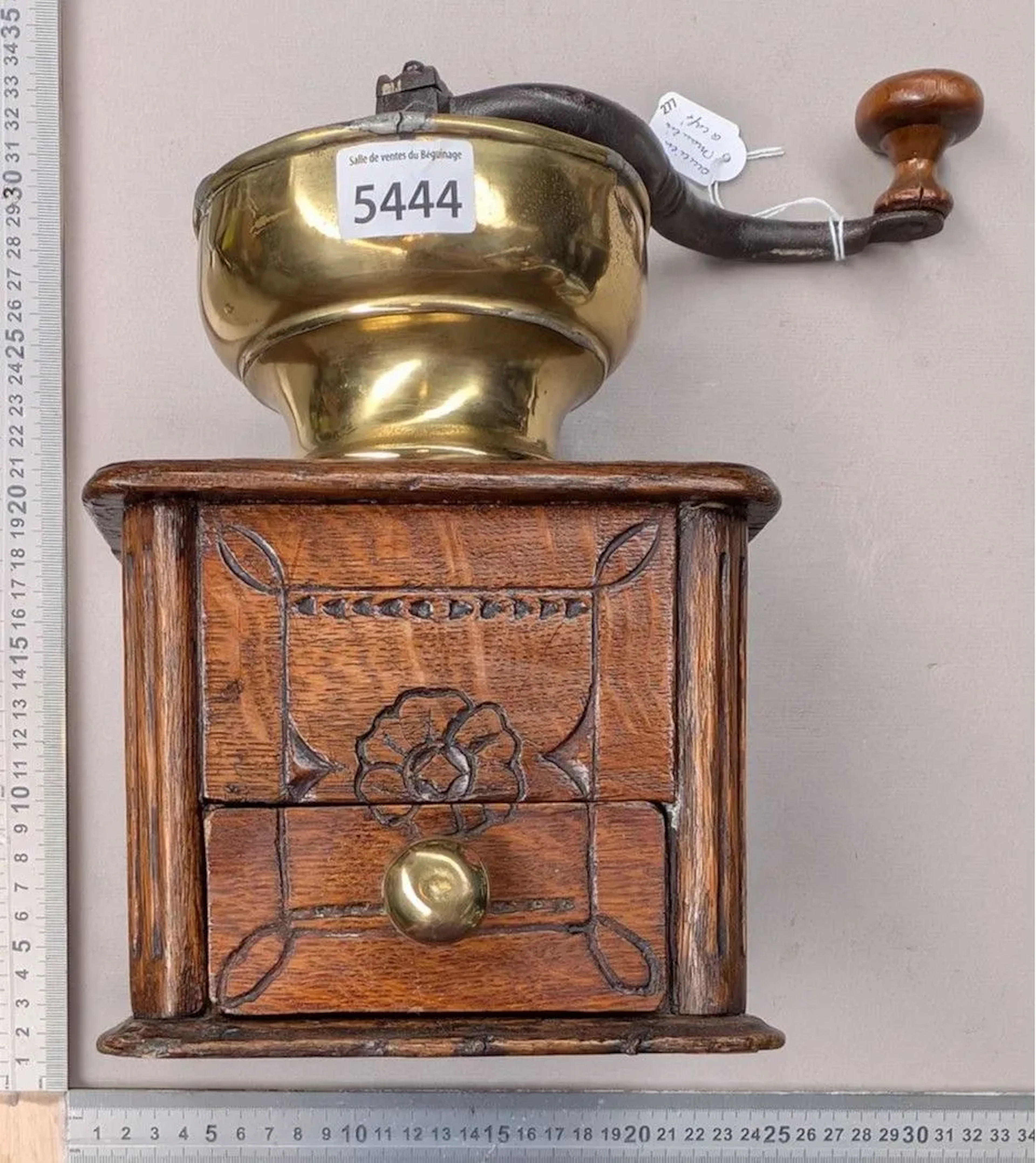 Antique 18th-century coffee grinder—see photos for dimensions and condition