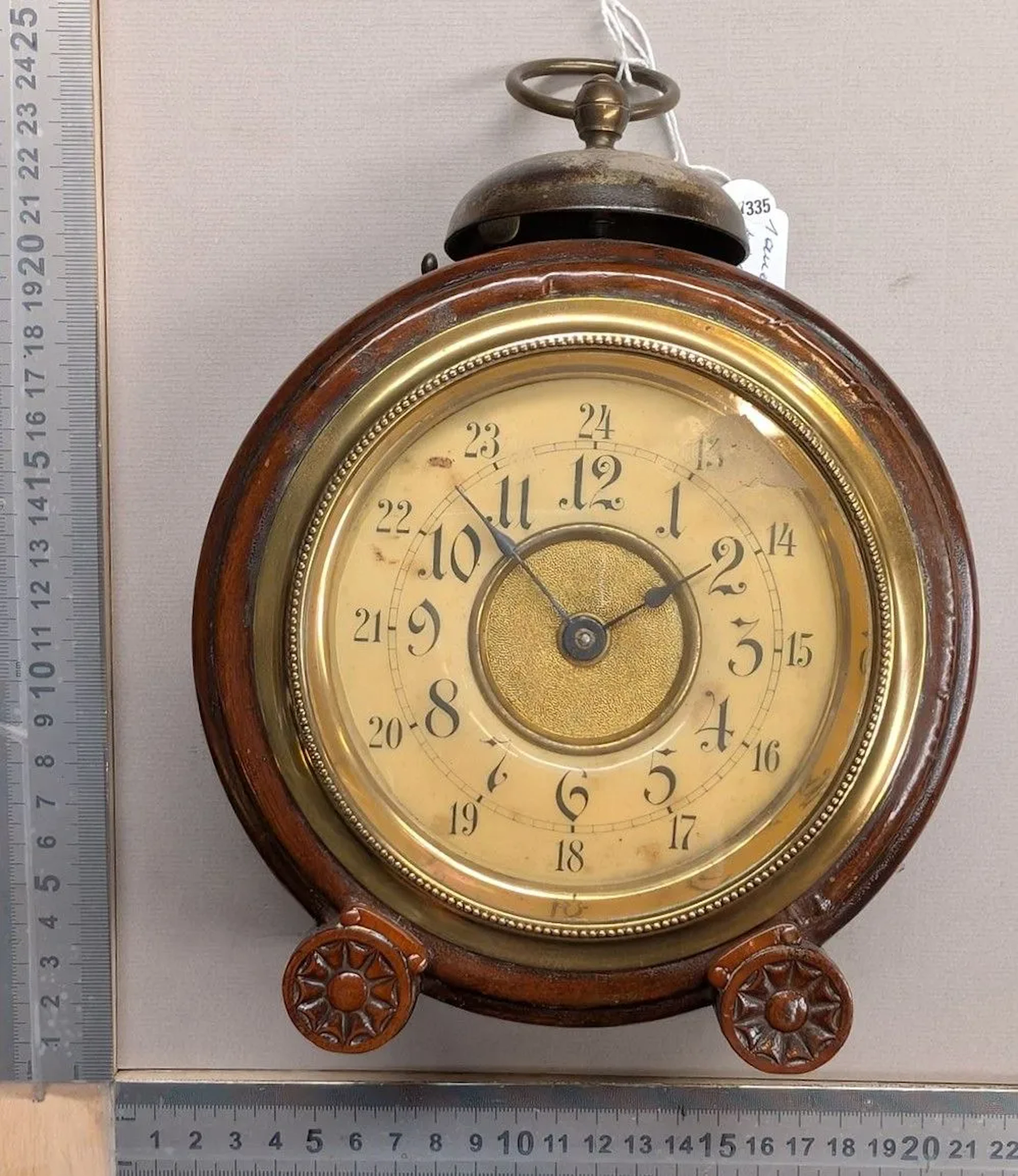 Vintage wooden alarm clock in its original condition—see photos for