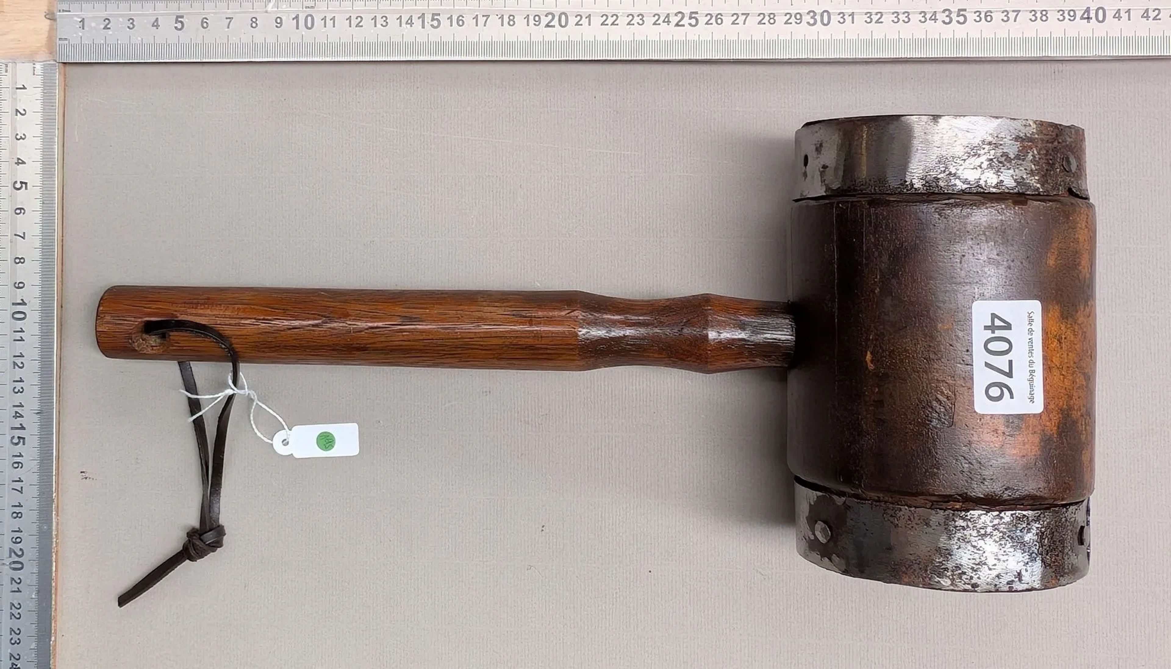 Antique iron-tipped mallet—see photos for dimensions and condition