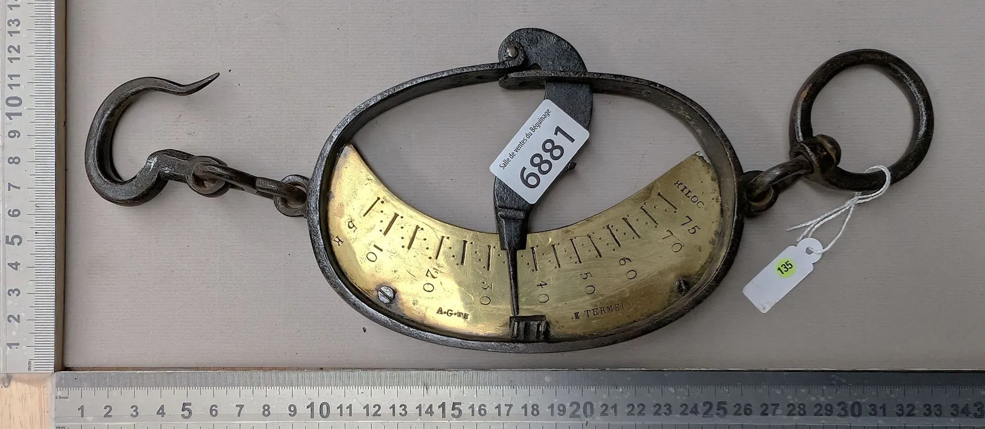 1 antique steel and brass hook scale—see photos for dimensions and condition